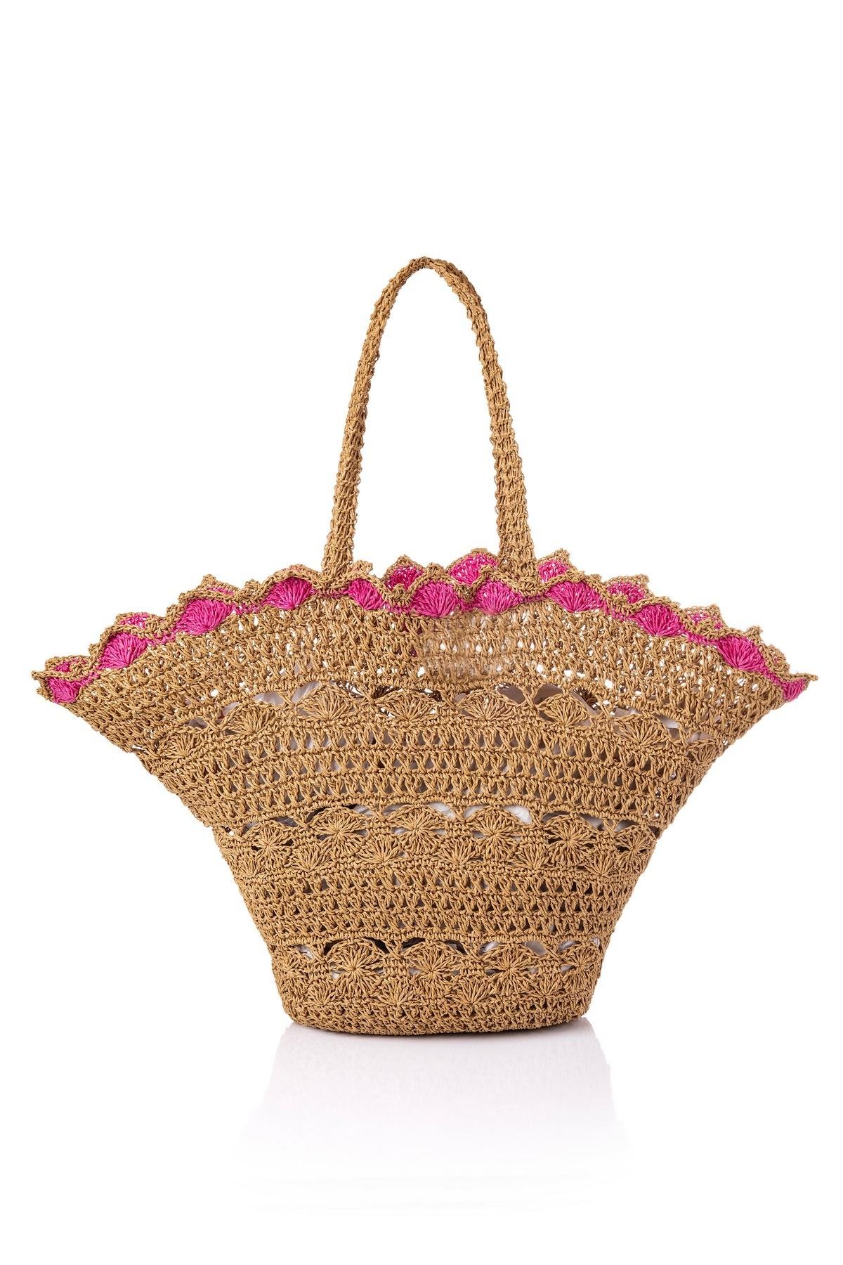 Corinne Design Hasır Örgü Yelpaze Plaj Çantası, Hasır / Pembe