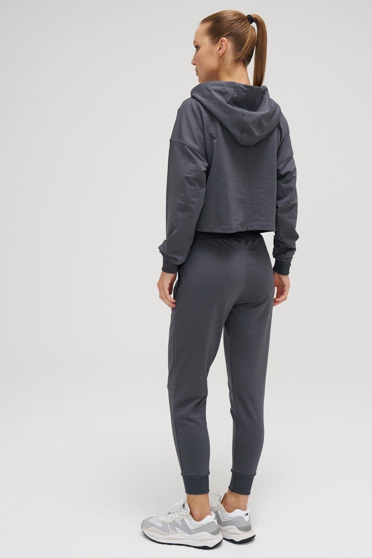 Crop Kapüşonlu Sweatshirt Gri