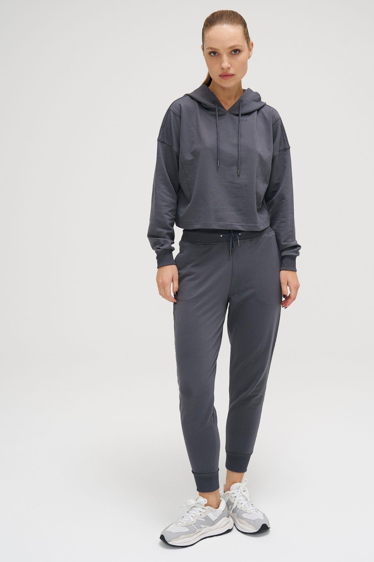 Crop Kapüşonlu Sweatshirt Gri