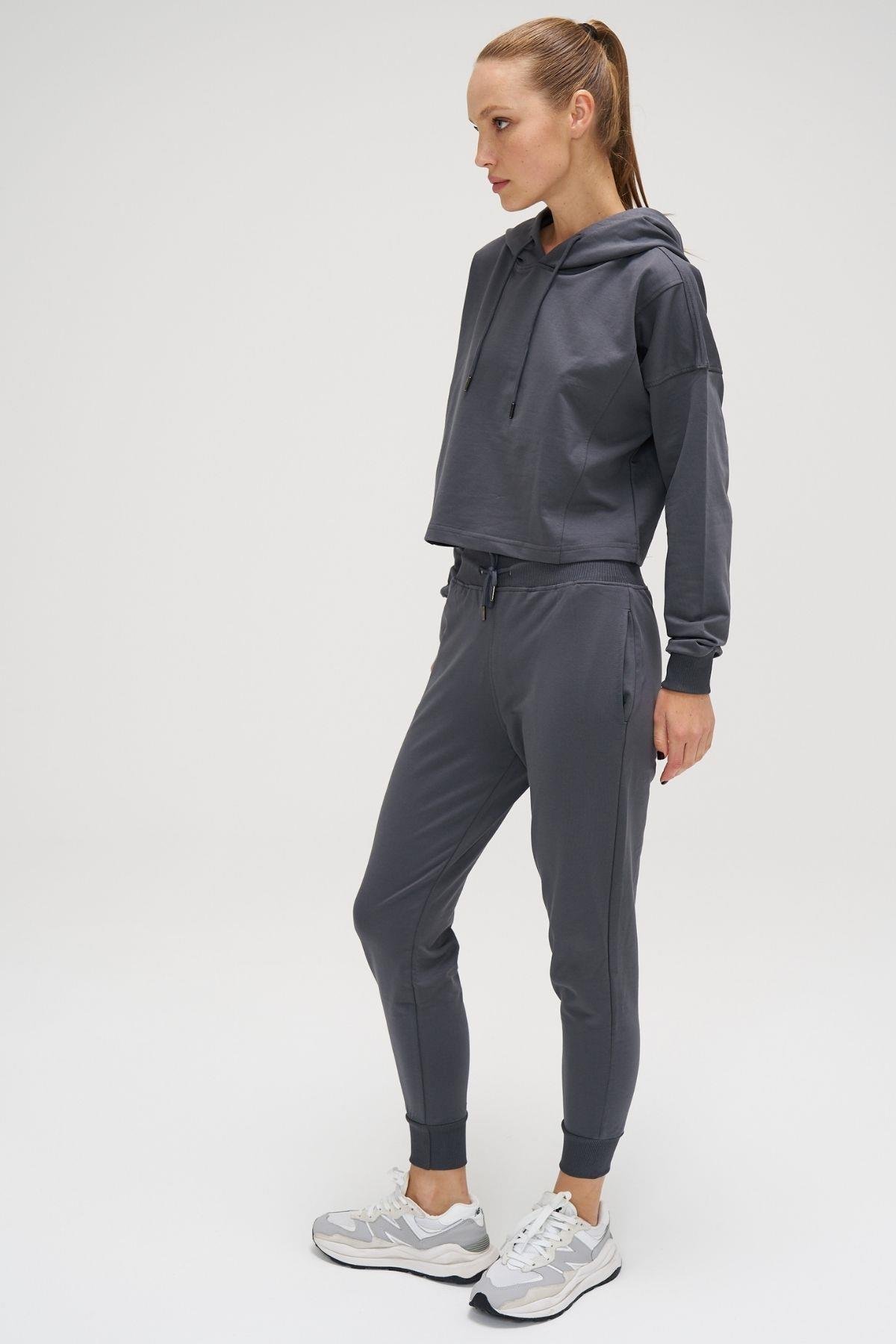 Crop Kapüşonlu Sweatshirt Gri