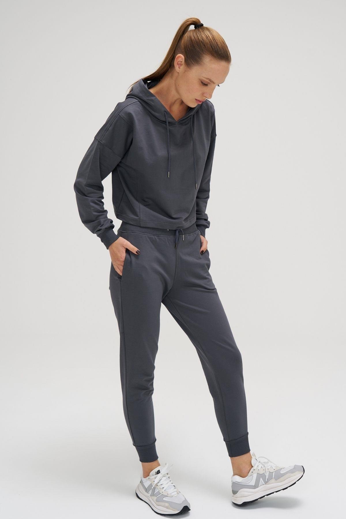 Crop Kapüşonlu Sweatshirt Gri