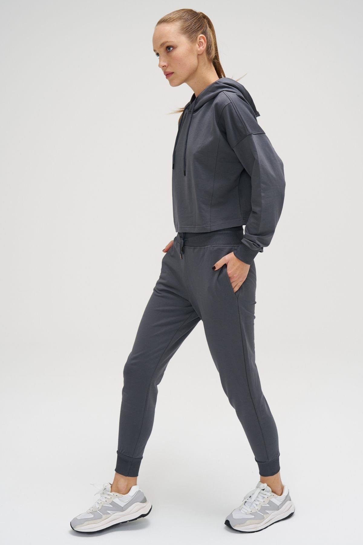 Crop Kapüşonlu Sweatshirt Gri
