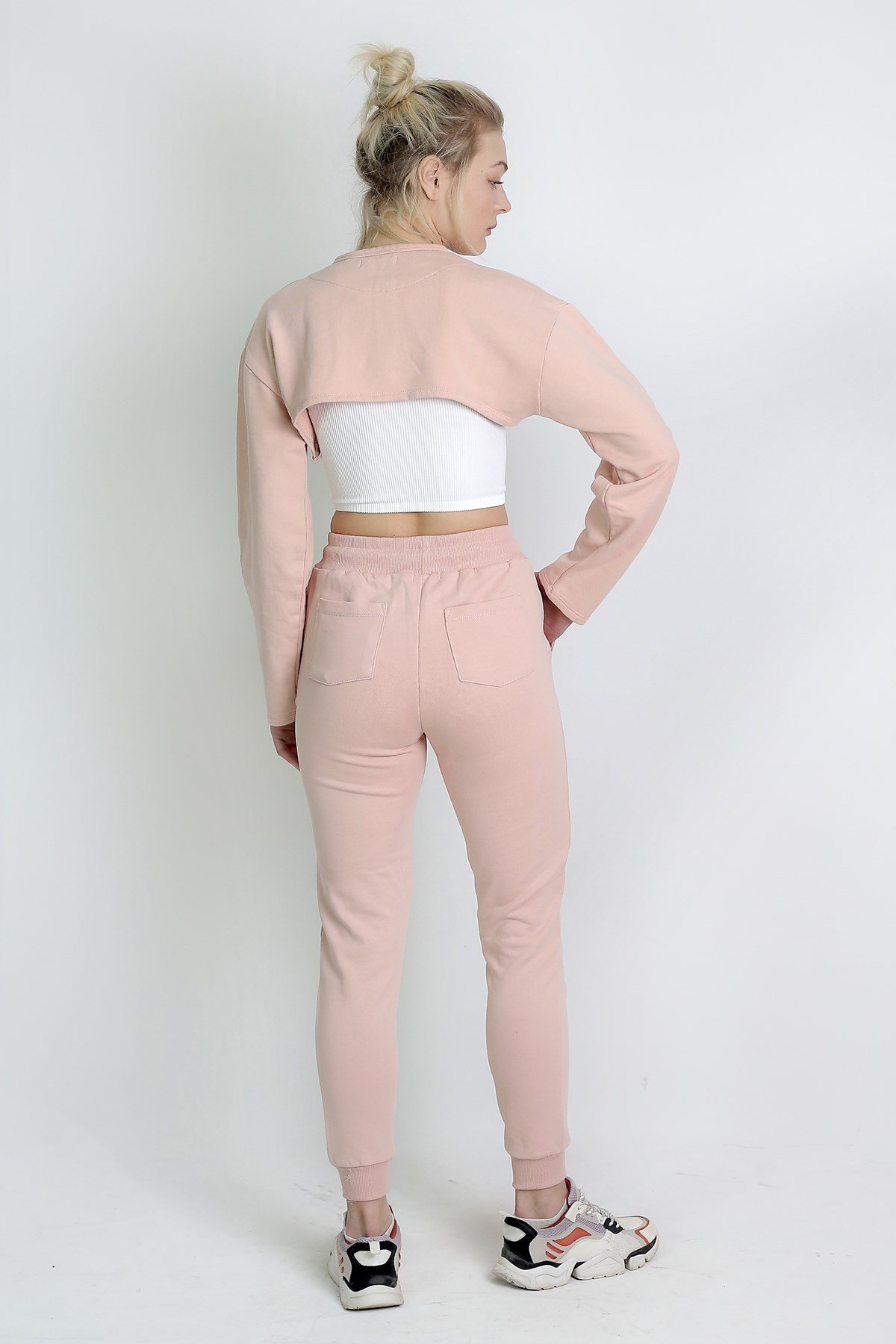 Düğmeli Crop Sweatshirt Pembe