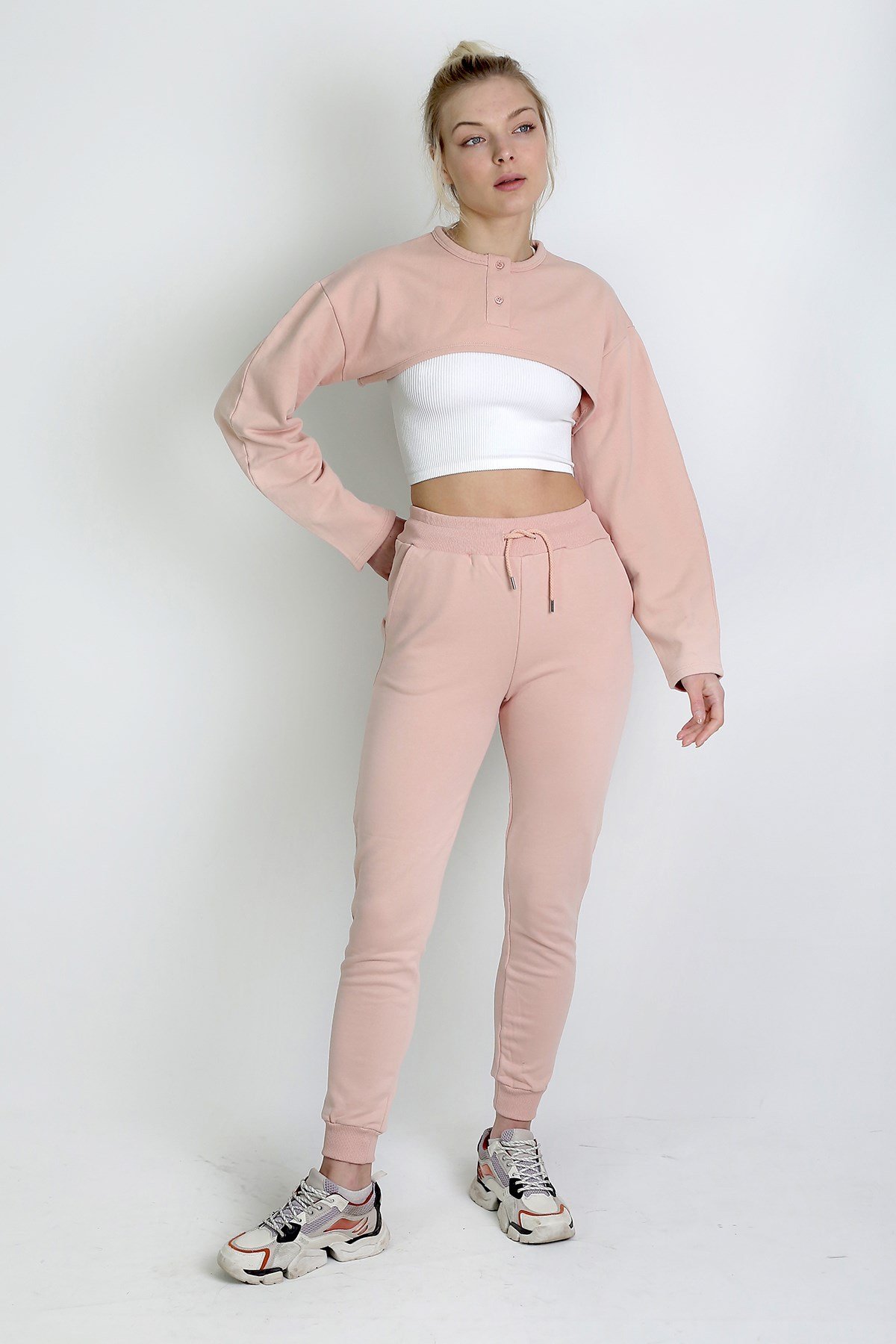 Düğmeli Crop Sweatshirt Pembe