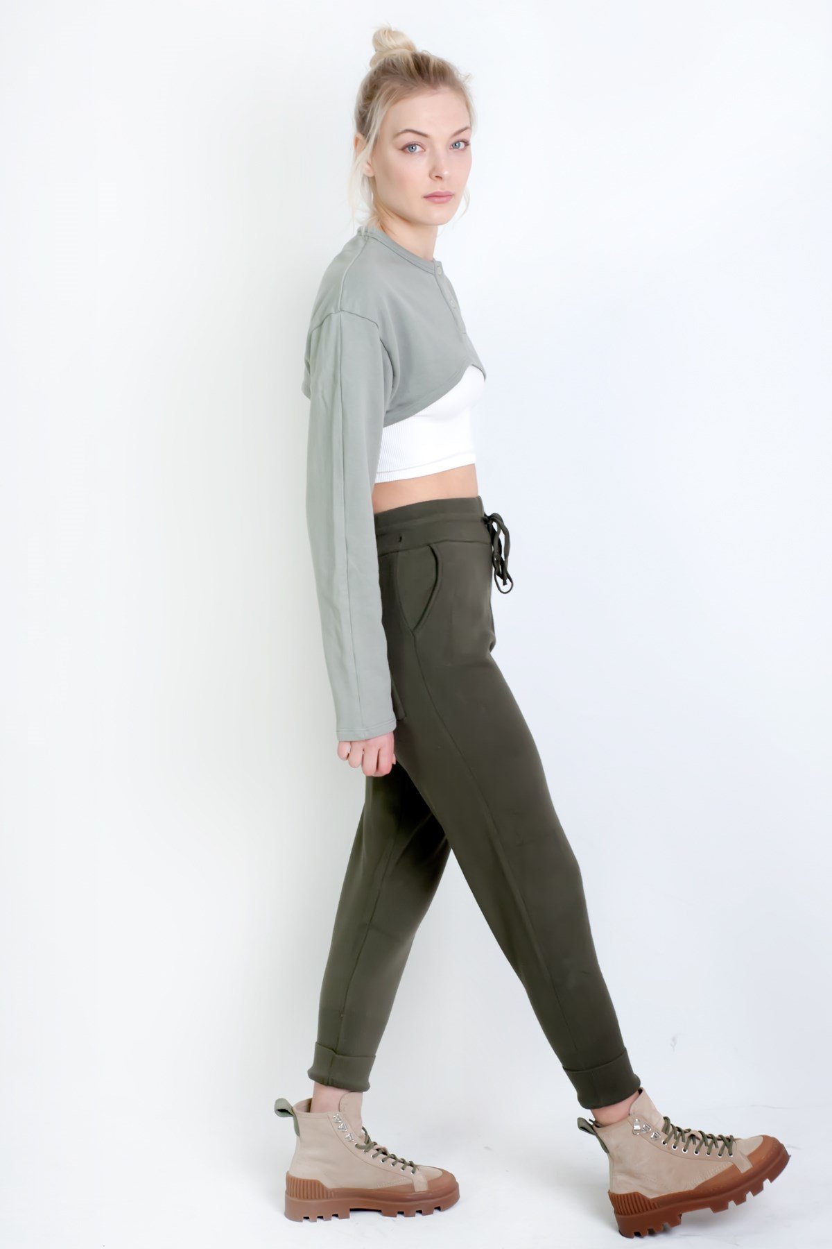 Düğmeli Crop Sweatshirt Yeşil