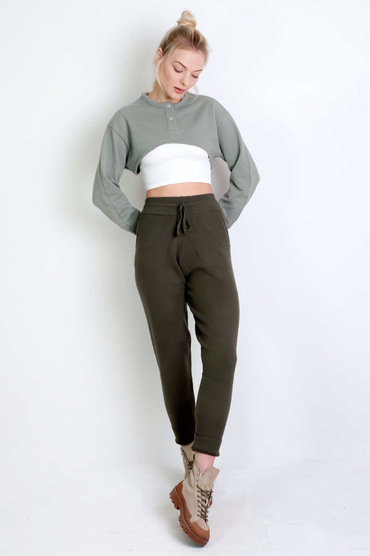 Düğmeli Crop Sweatshirt Yeşil
