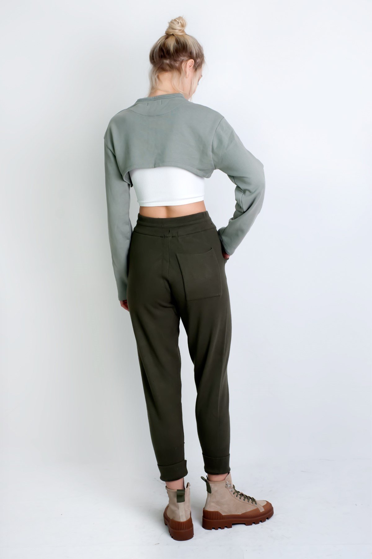 Düğmeli Crop Sweatshirt Yeşil