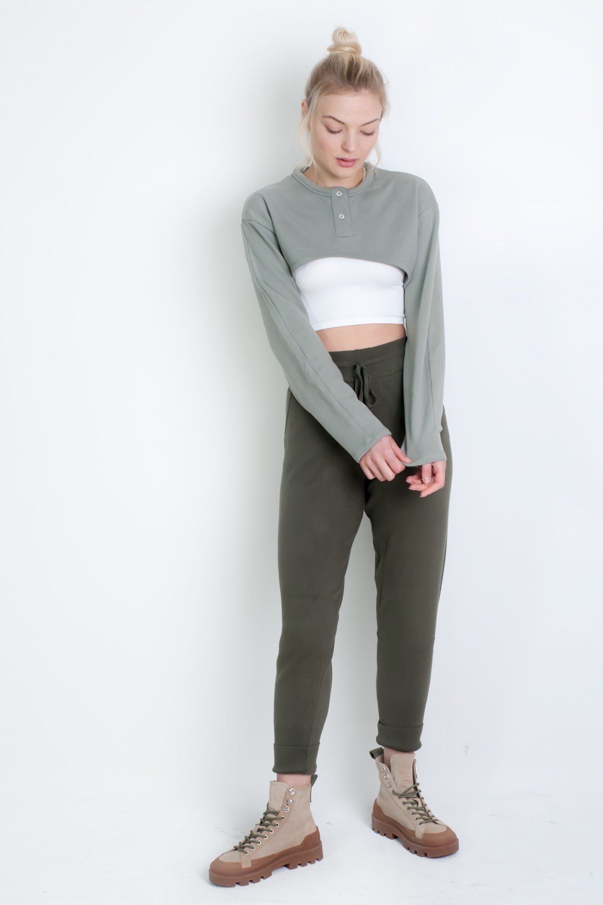 Düğmeli Crop Sweatshirt Yeşil