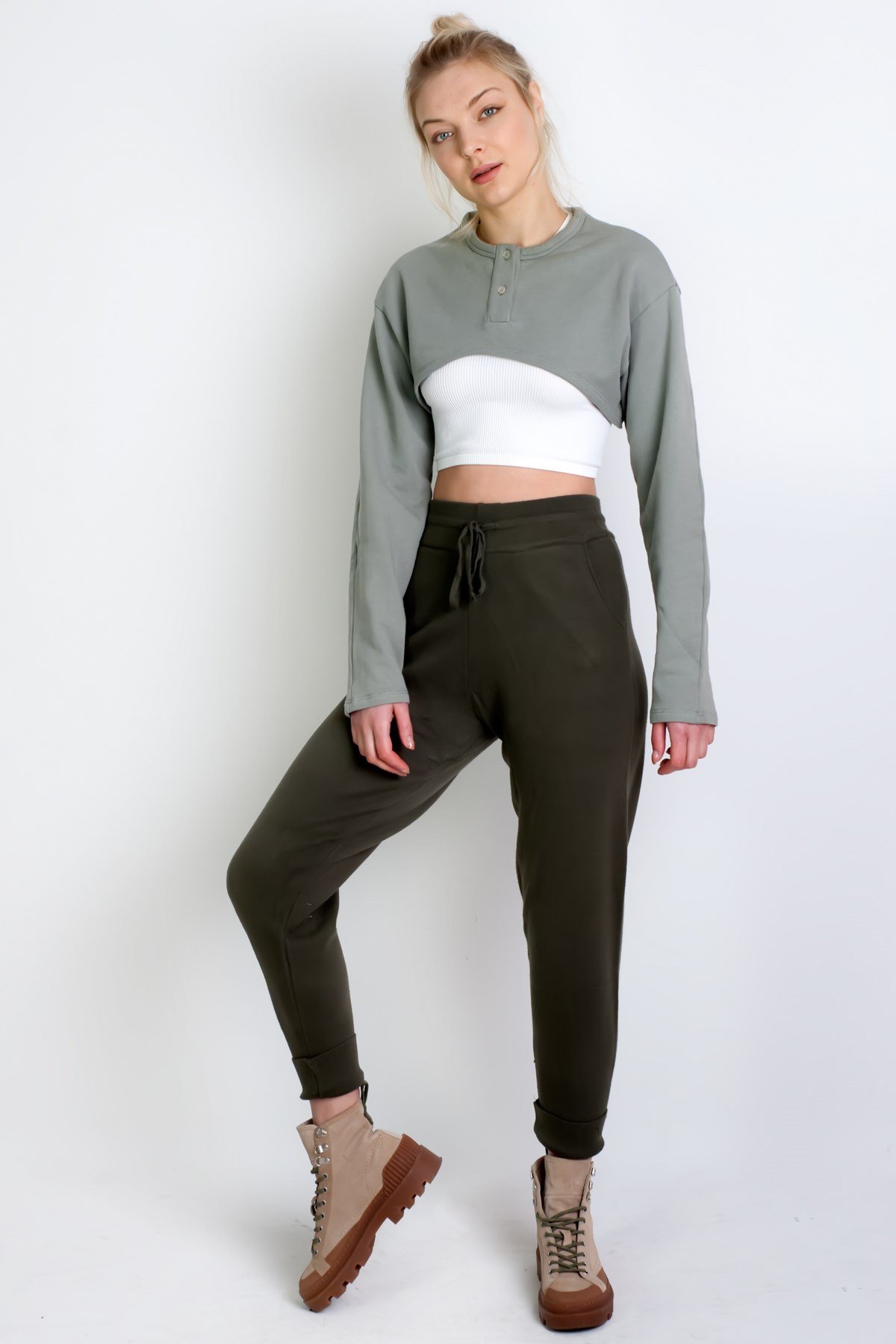 Düğmeli Crop Sweatshirt Yeşil