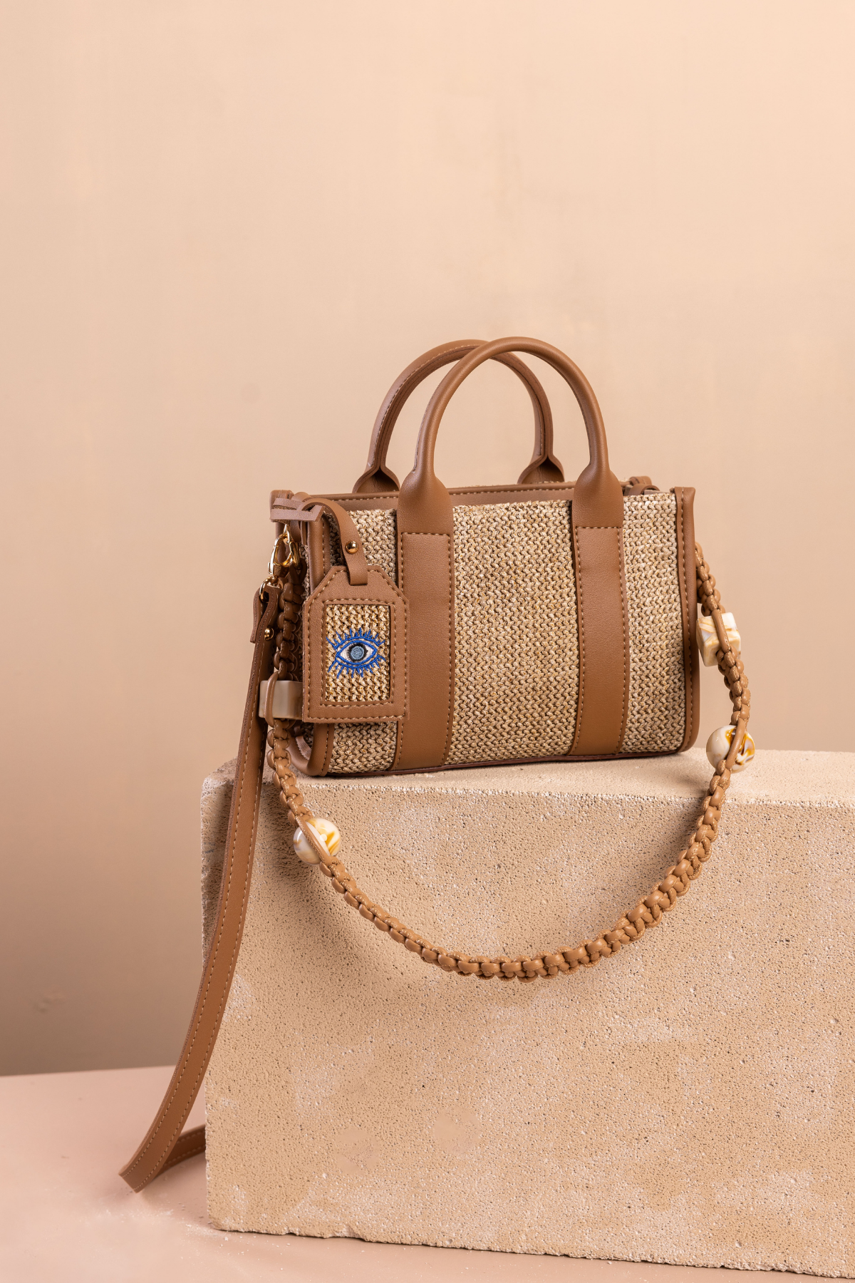 Eynaco City Bag Mini Hasır Taba-Mavi