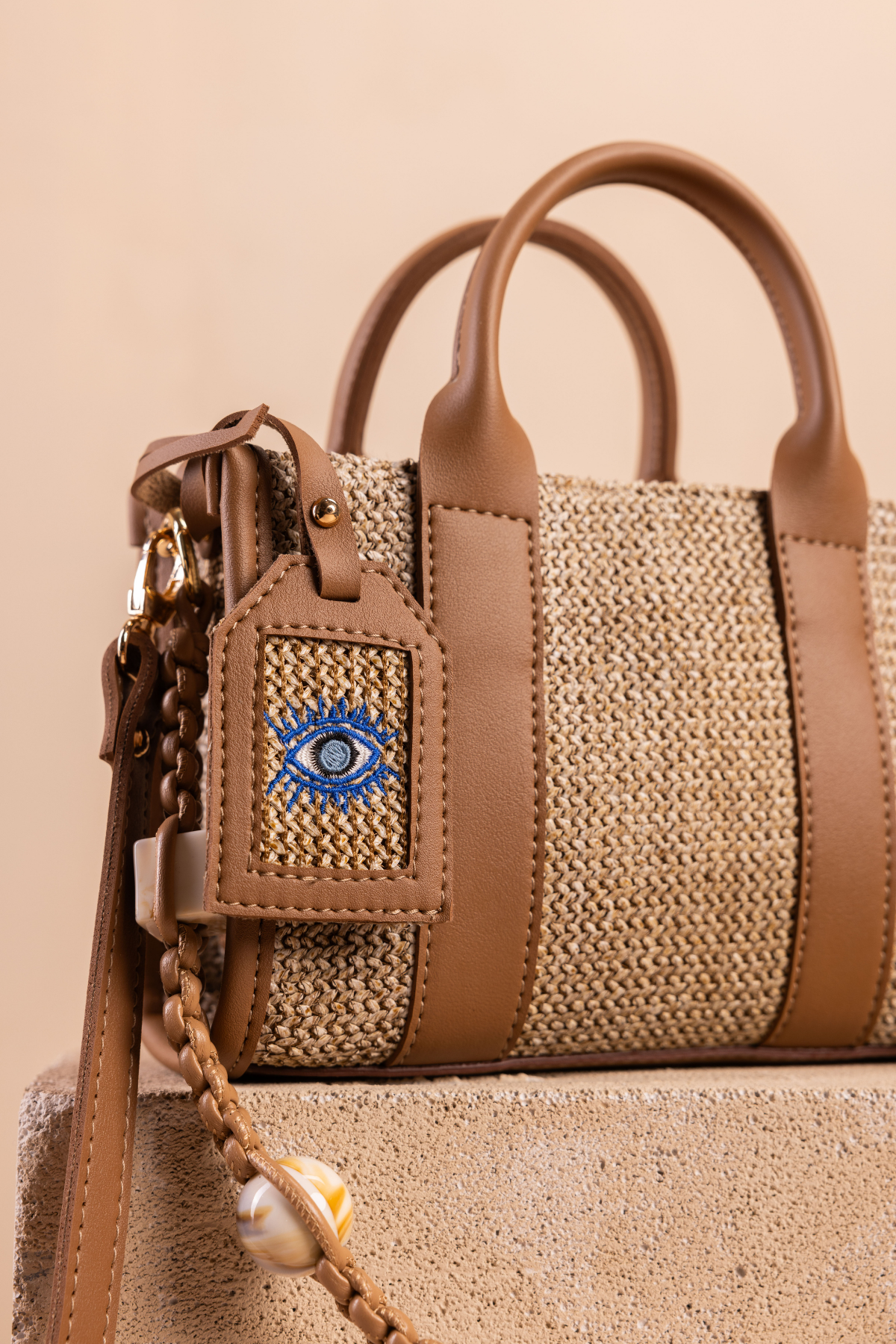 Eynaco City Bag Mini Hasır Taba-Mavi