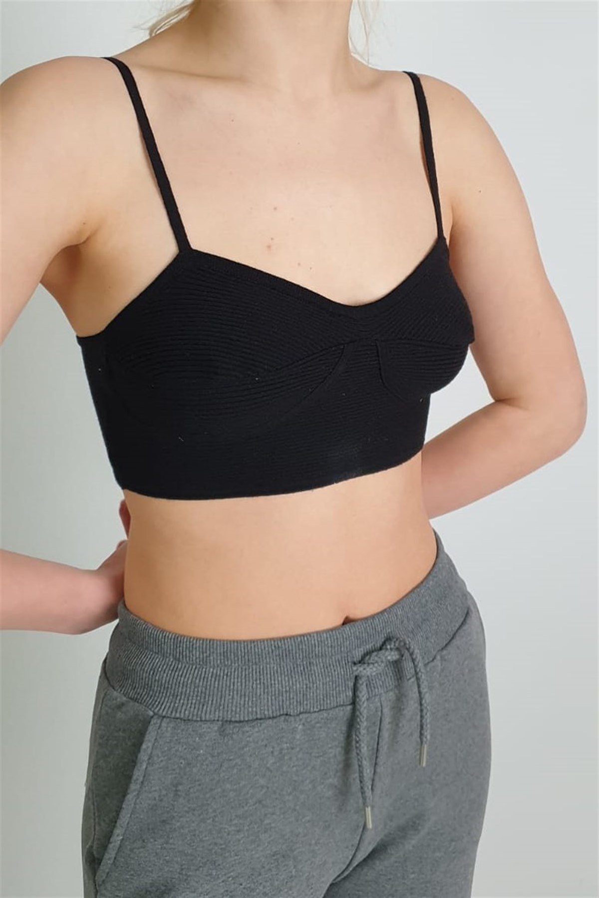 Fitilli Triko Crop Top Siyah