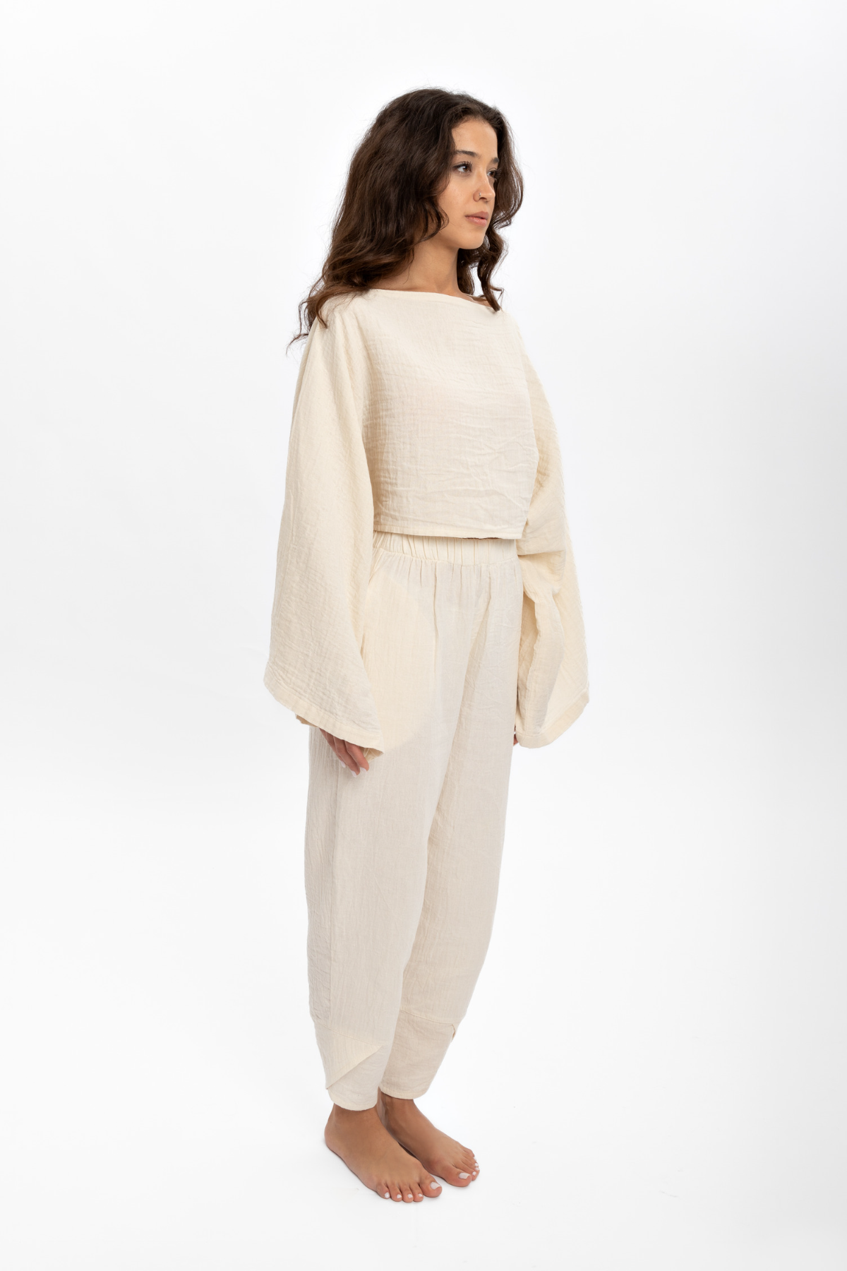 Husufi Bürümcüklü Naturel Crop Bluz