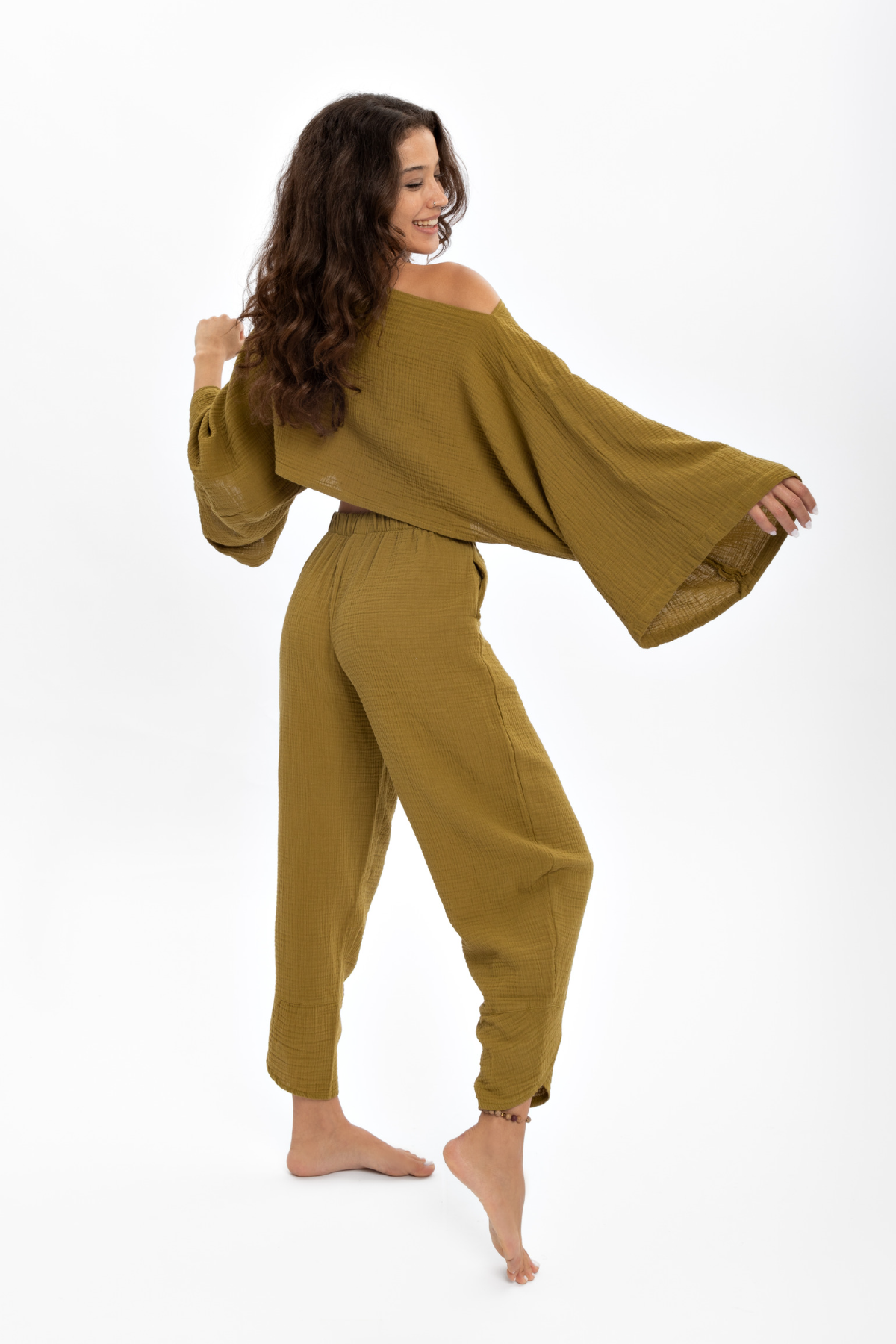 Husufi Bürümcüklü Yeşil Crop Bluz