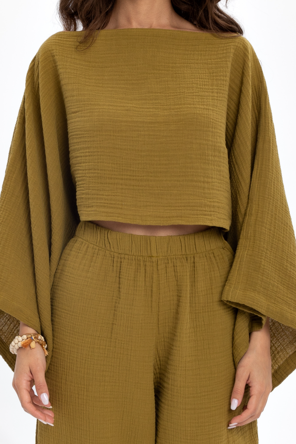 Husufi Bürümcüklü Yeşil Crop Bluz