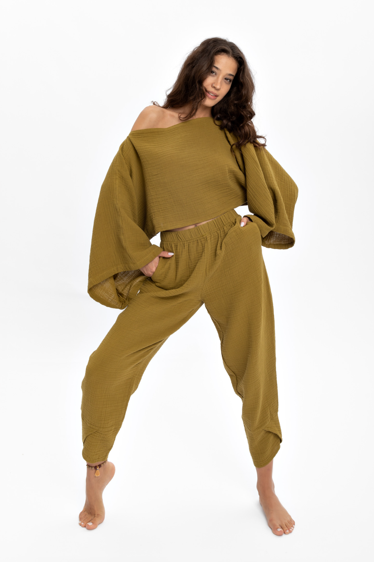 Husufi Bürümcüklü Yeşil Crop Bluz