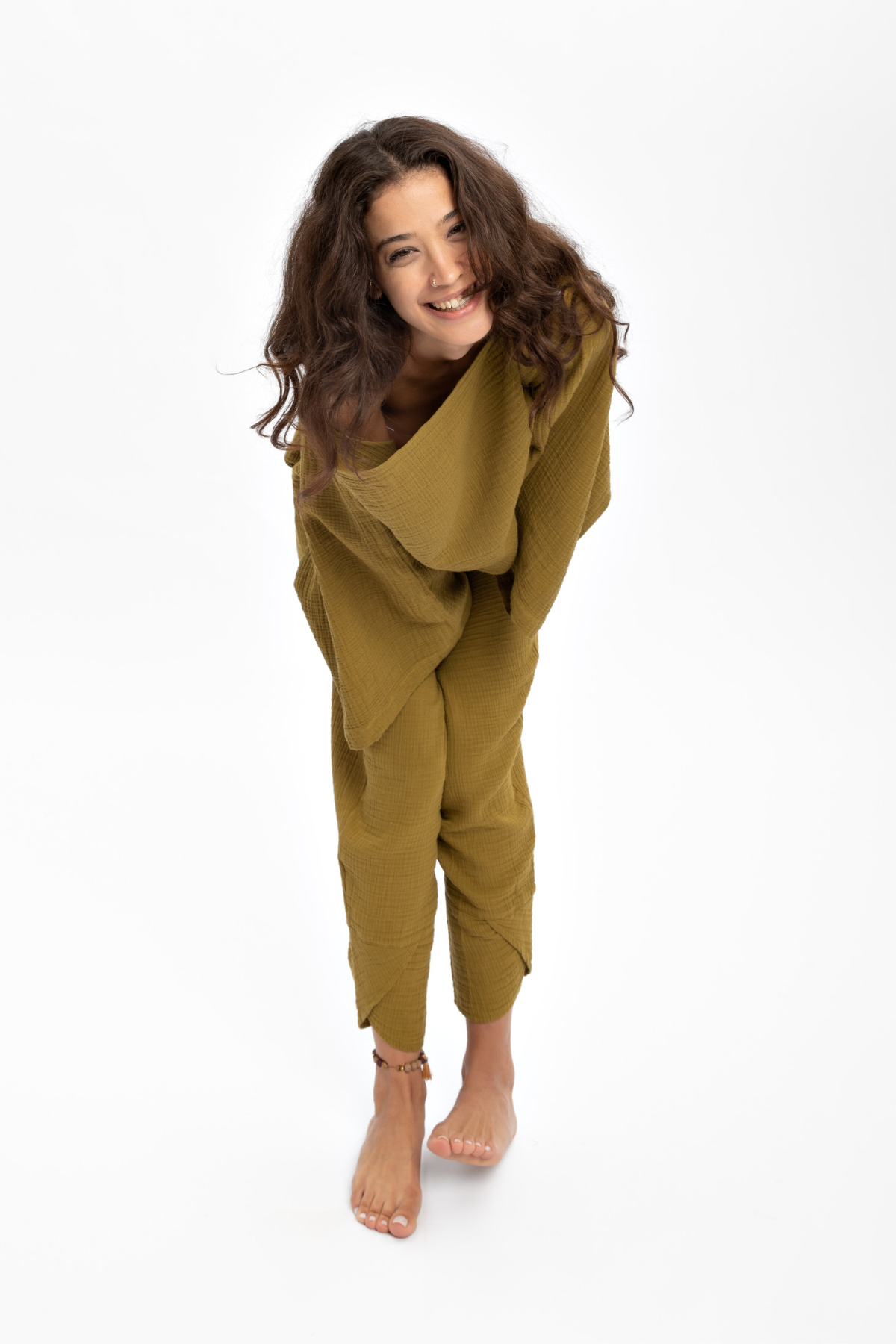 Husufi Bürümcüklü Yeşil Crop Bluz