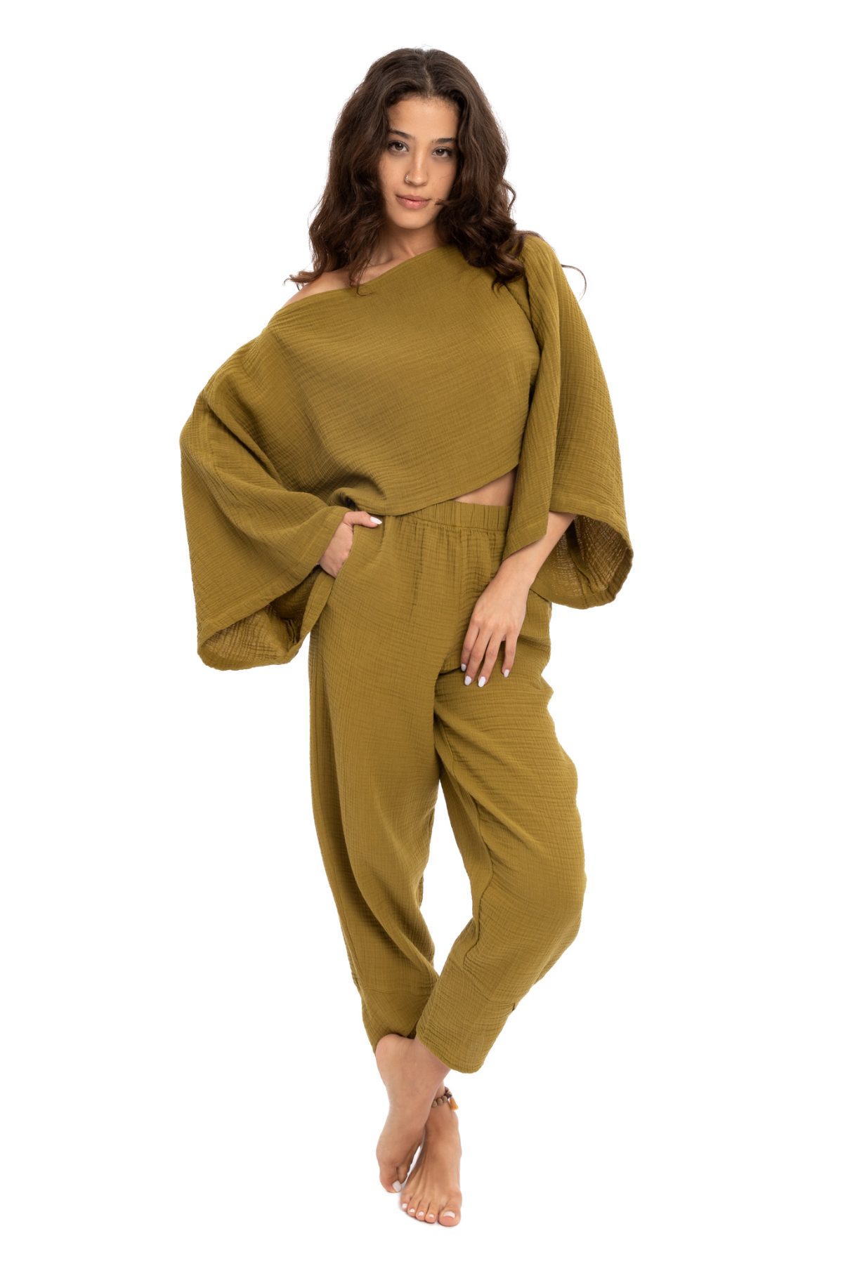 Husufi Bürümcüklü Yeşil Crop Bluz