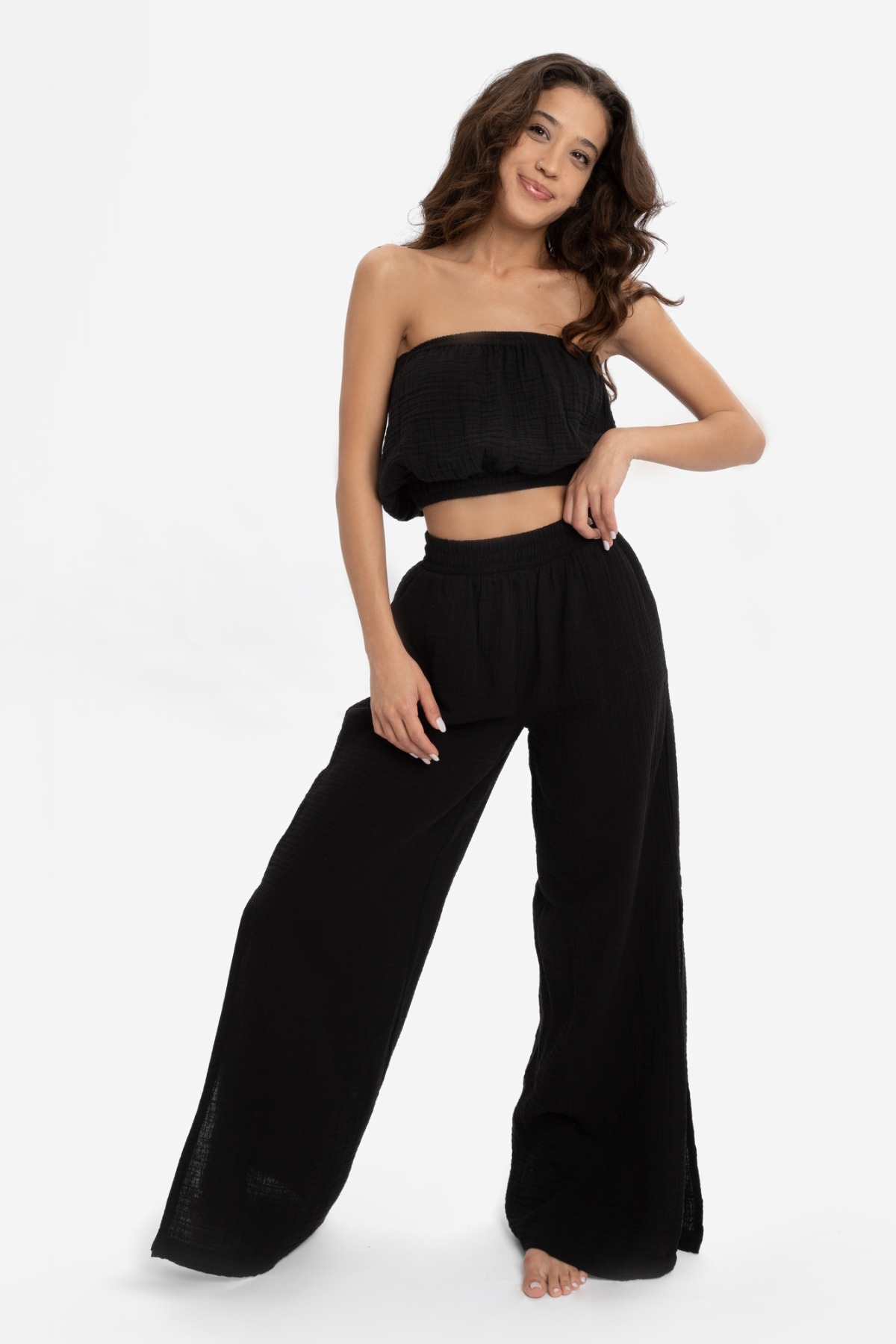 Husufi Siyah Bürümcüklü Crop Top HSFCRTP01_Black