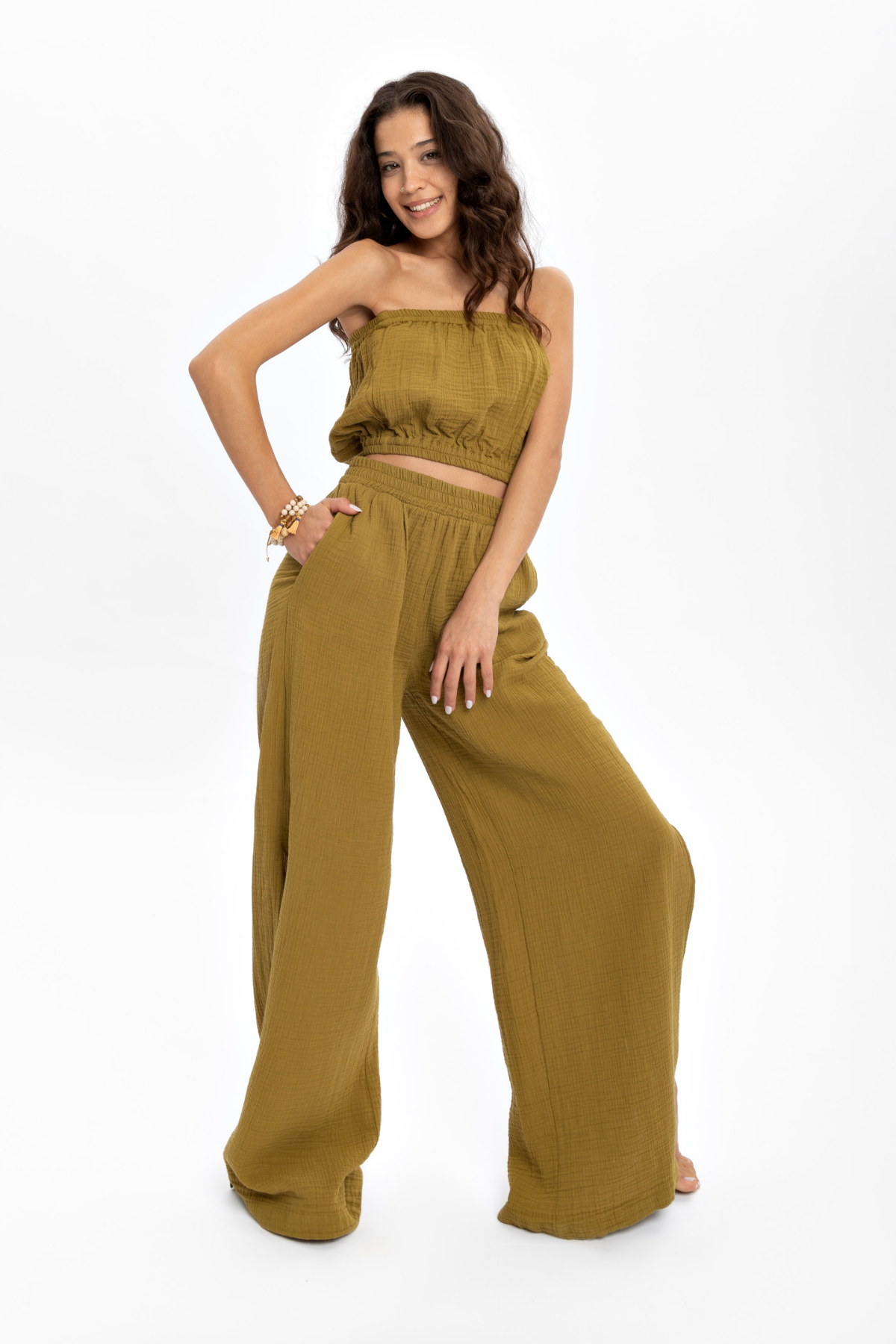 Husufi Slitside Müslin Yırtmaçlı Pantolon HSFSS02_Oil Green