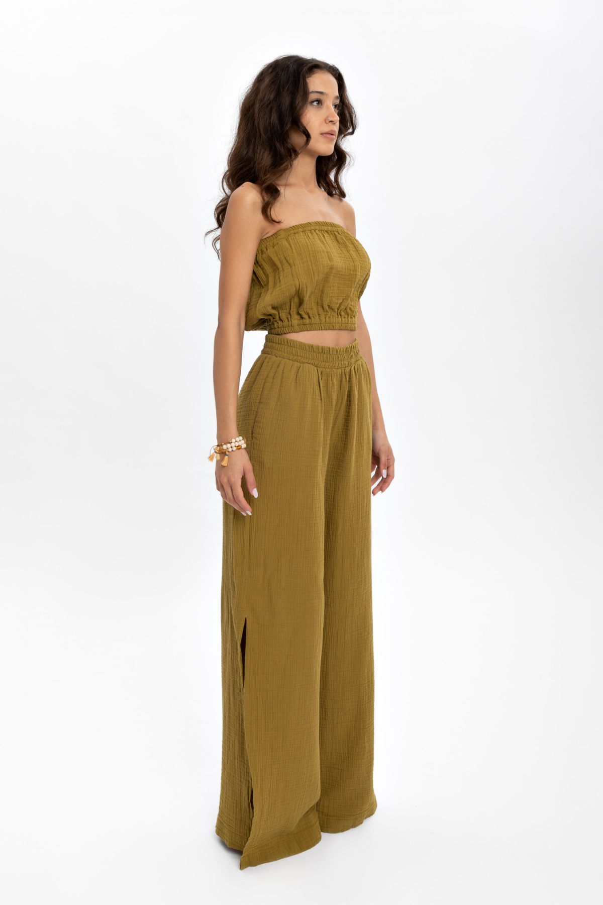 Husufi Slitside Müslin Yırtmaçlı Pantolon HSFSS02_Oil Green