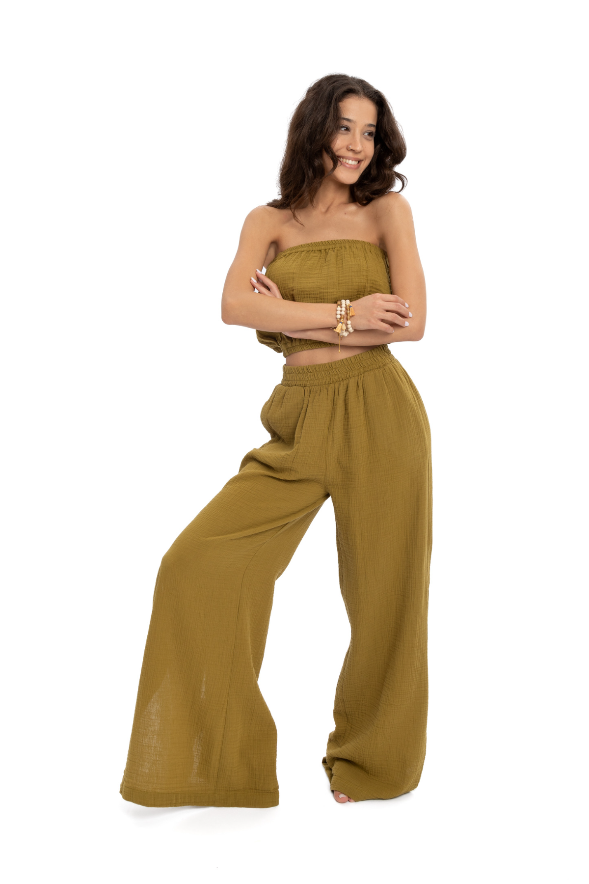 Husufi Slitside Müslin Yırtmaçlı Pantolon HSFSS02_Oil Green