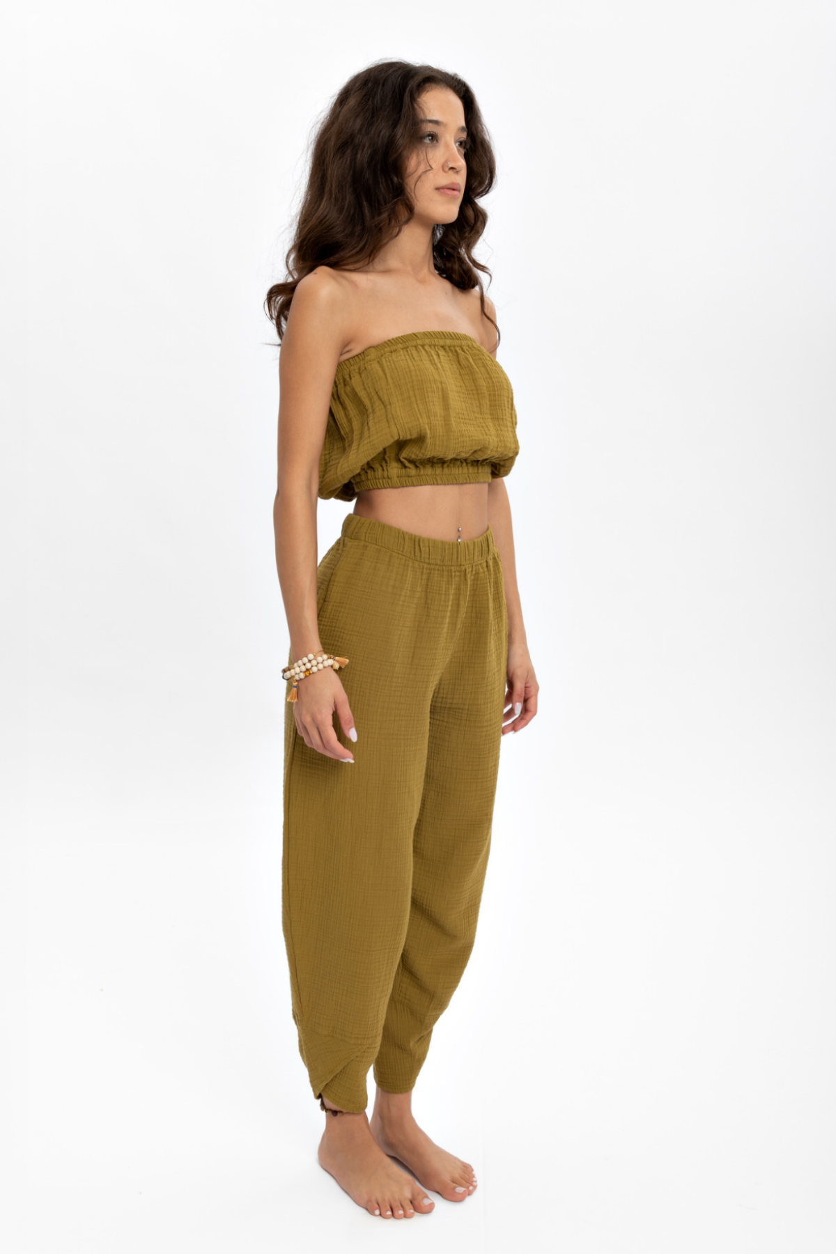 Husufi Yeşil Bürümcüklü Crop Top HSFCRTP01_Oil Green