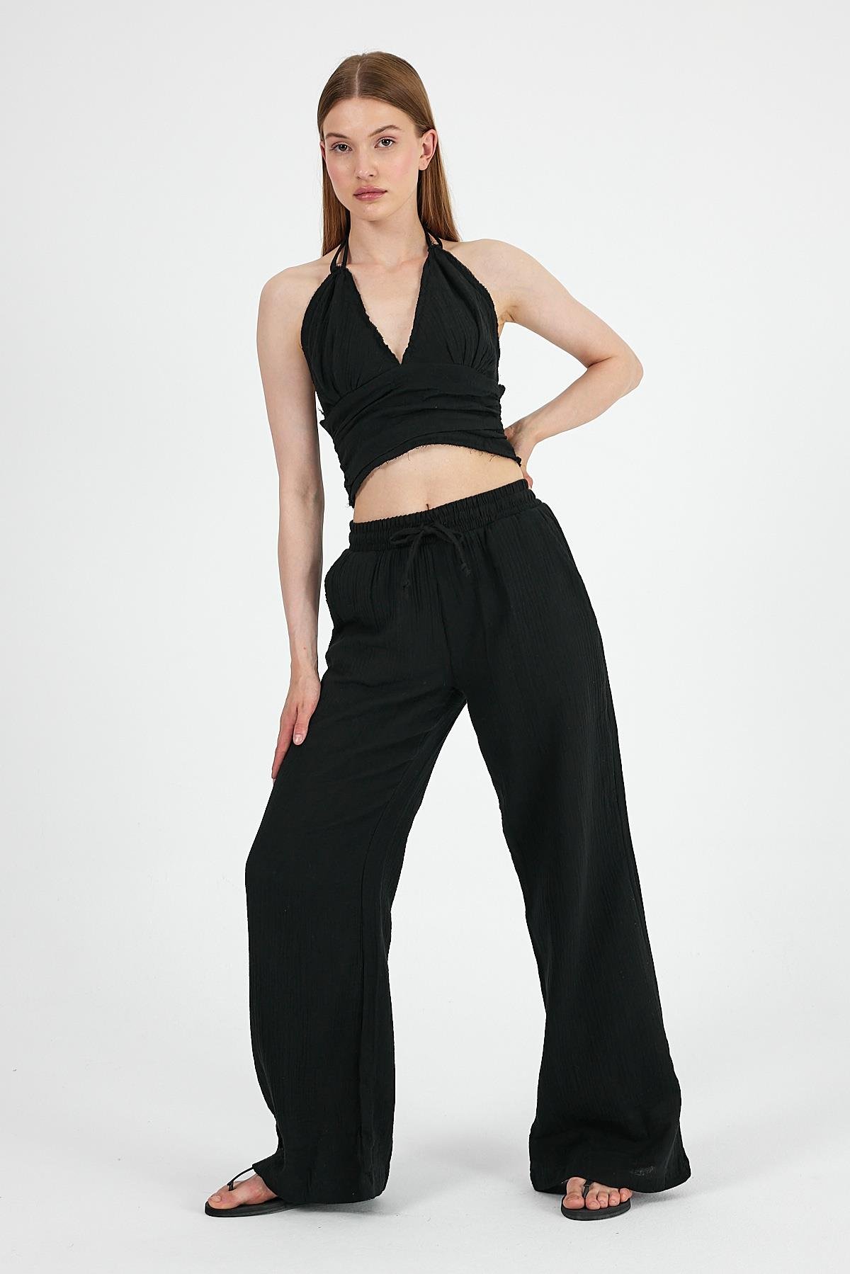 Müslin Kumaş Pantolon Crop Takım Siyah