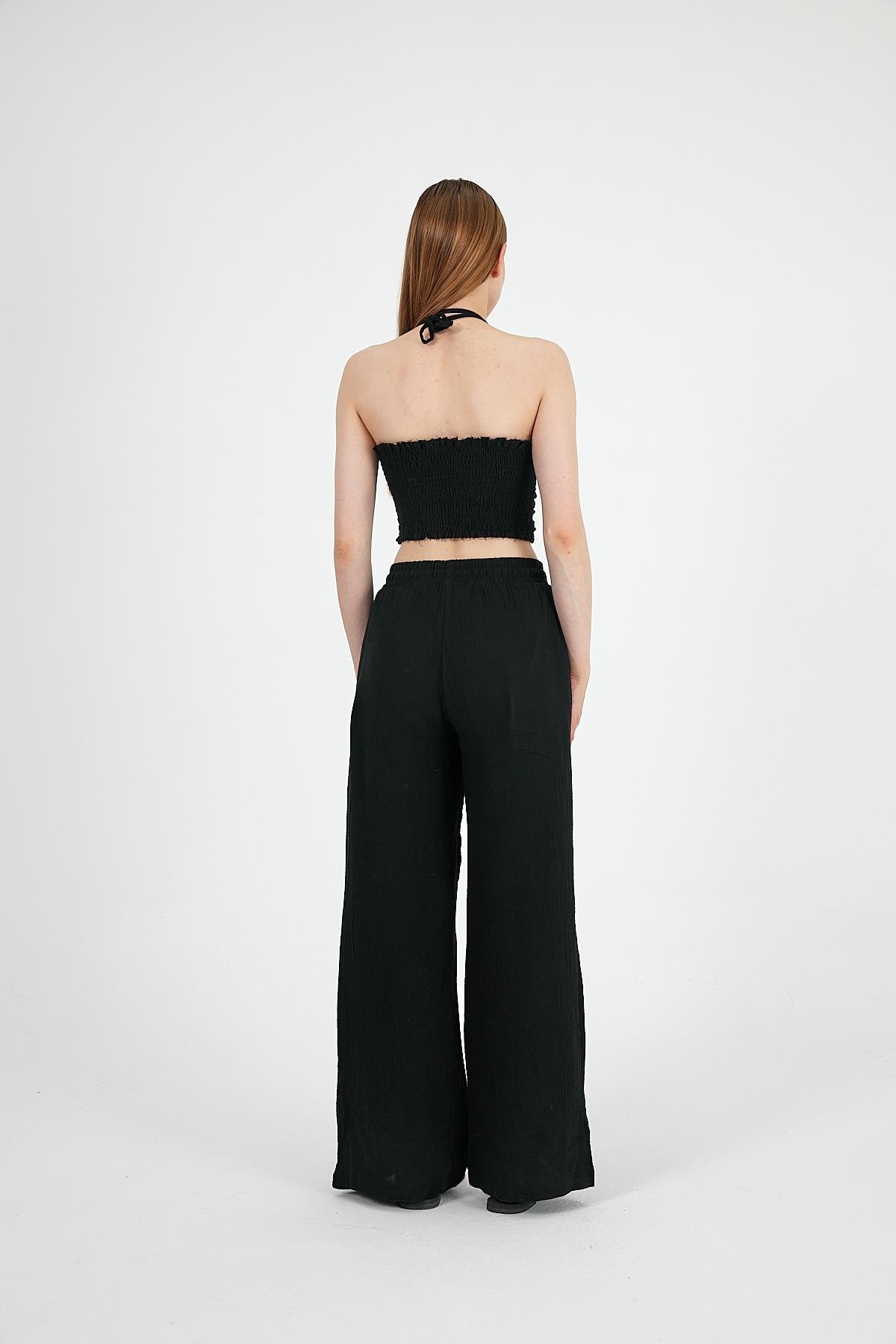 Müslin Kumaş Pantolon Crop Takım Siyah
