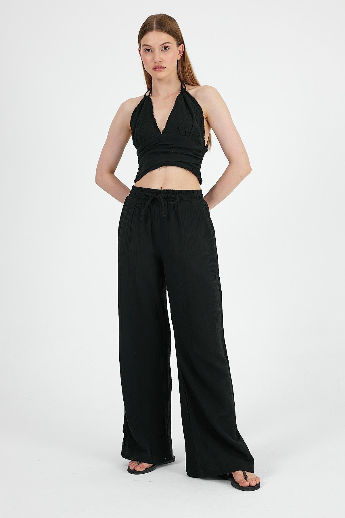 Müslin Kumaş Pantolon Crop Takım Siyah