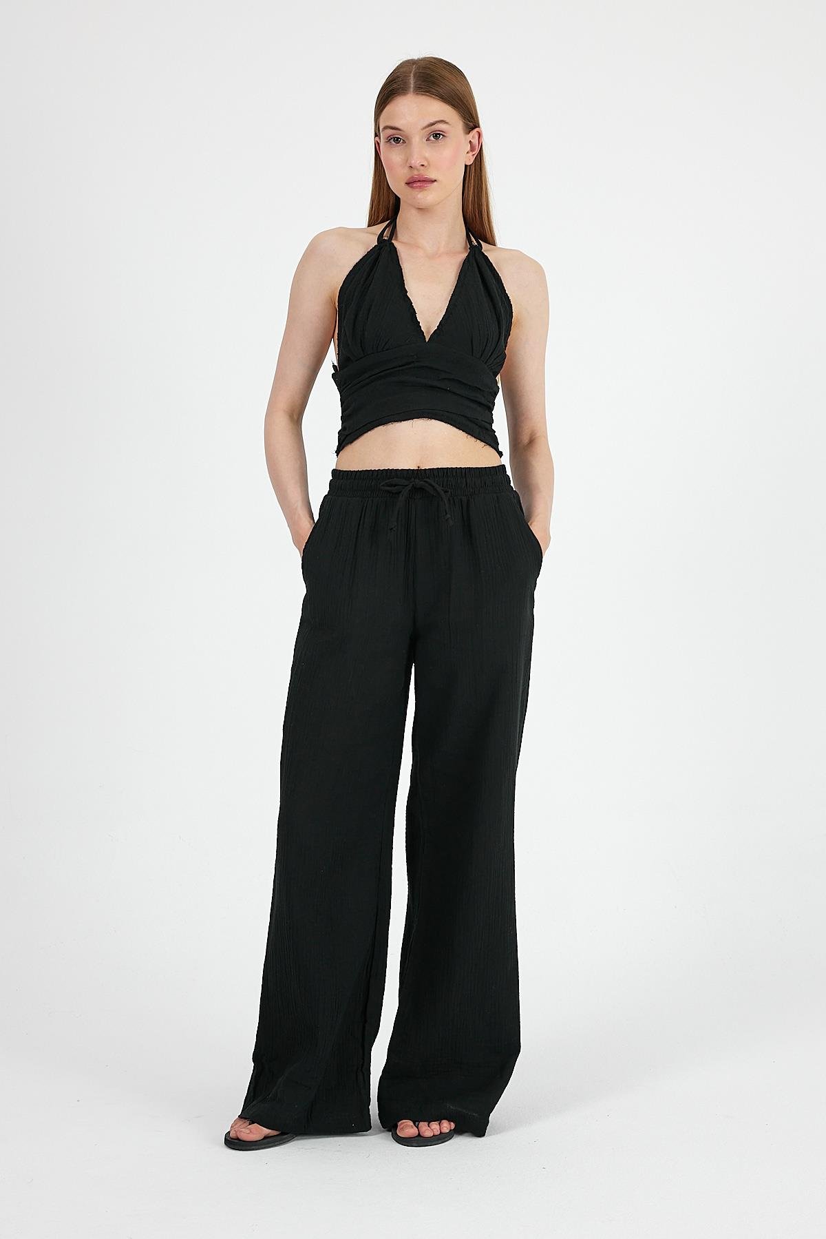 Müslin Kumaş Pantolon Crop Takım Siyah