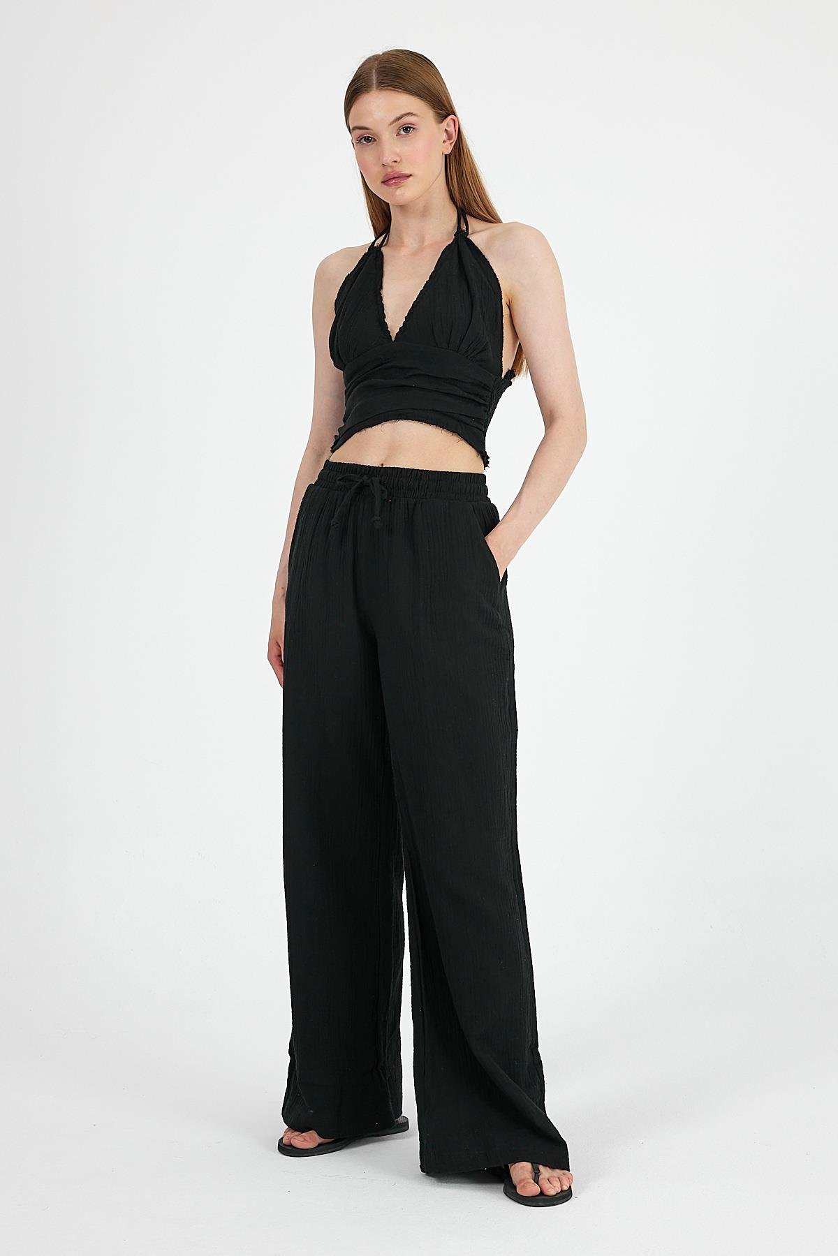 Müslin Kumaş Pantolon Crop Takım Siyah