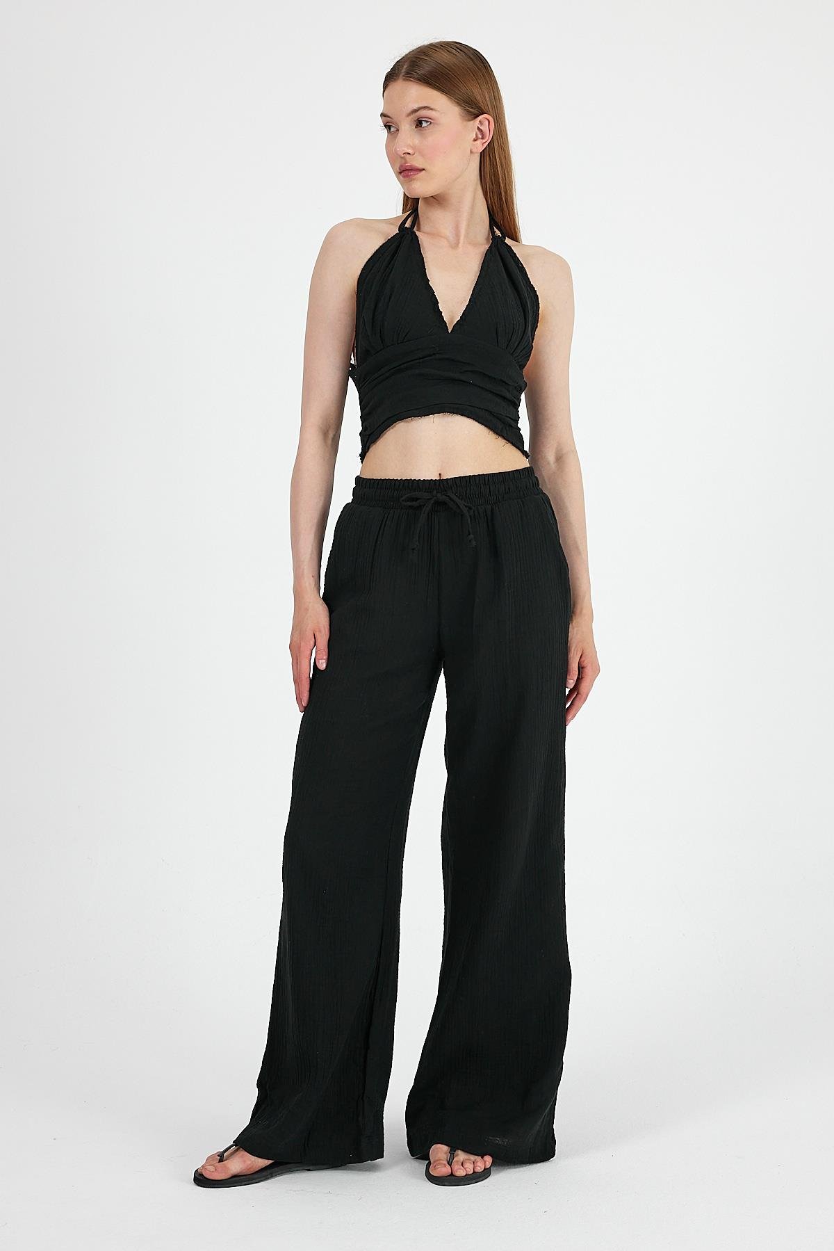 Müslin Kumaş Pantolon Crop Takım Siyah