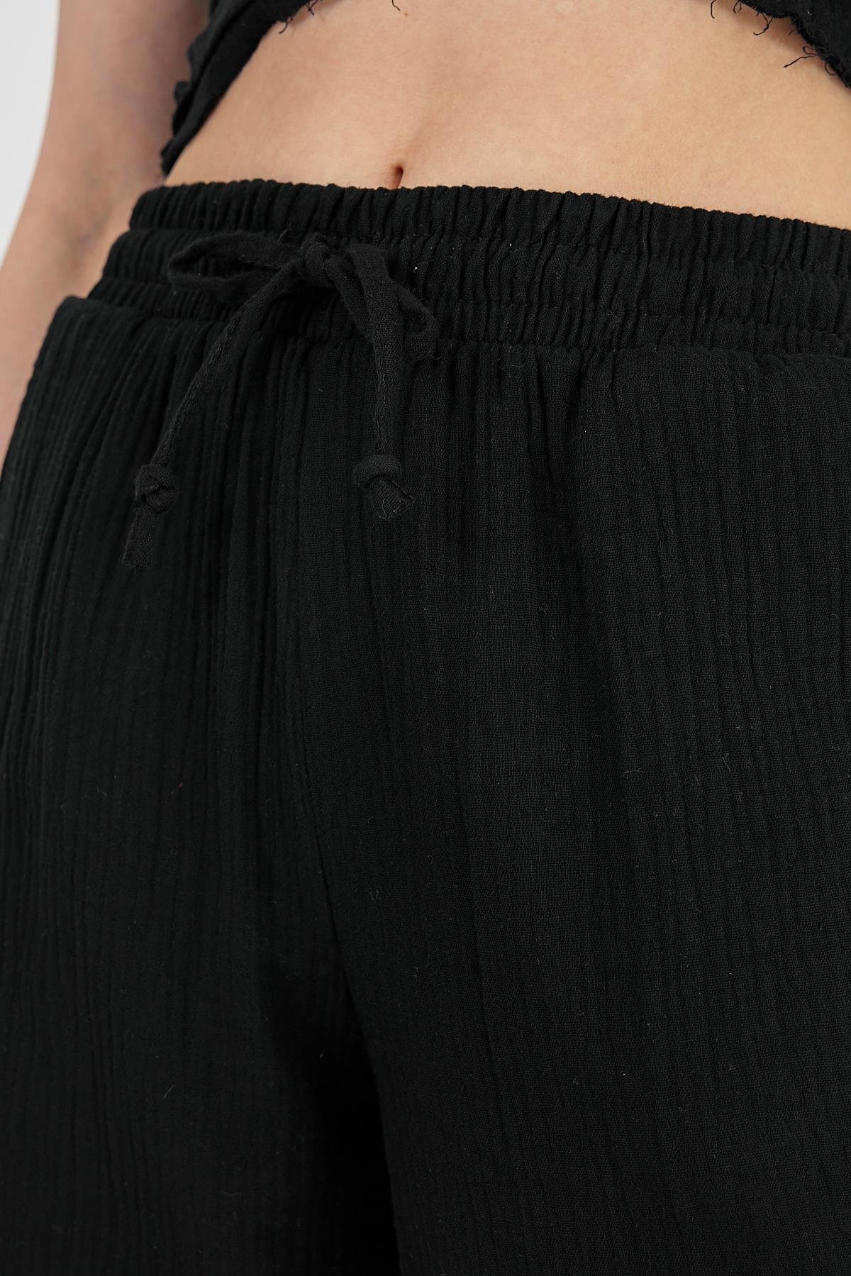 Müslin Kumaş Pantolon Crop Takım Siyah