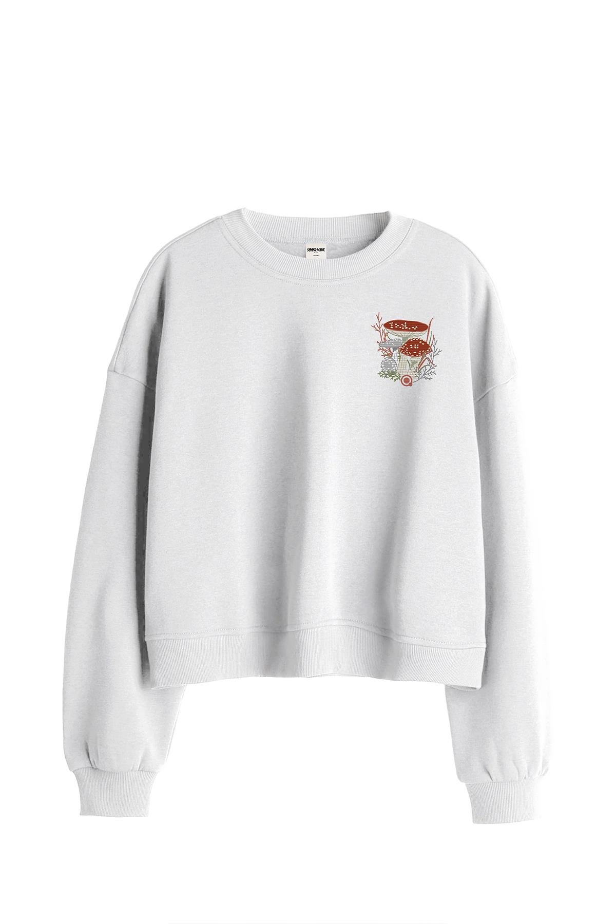 Uniqvibe Mantar Nakışlı Organik Pamuklu Crop Sweatshirt