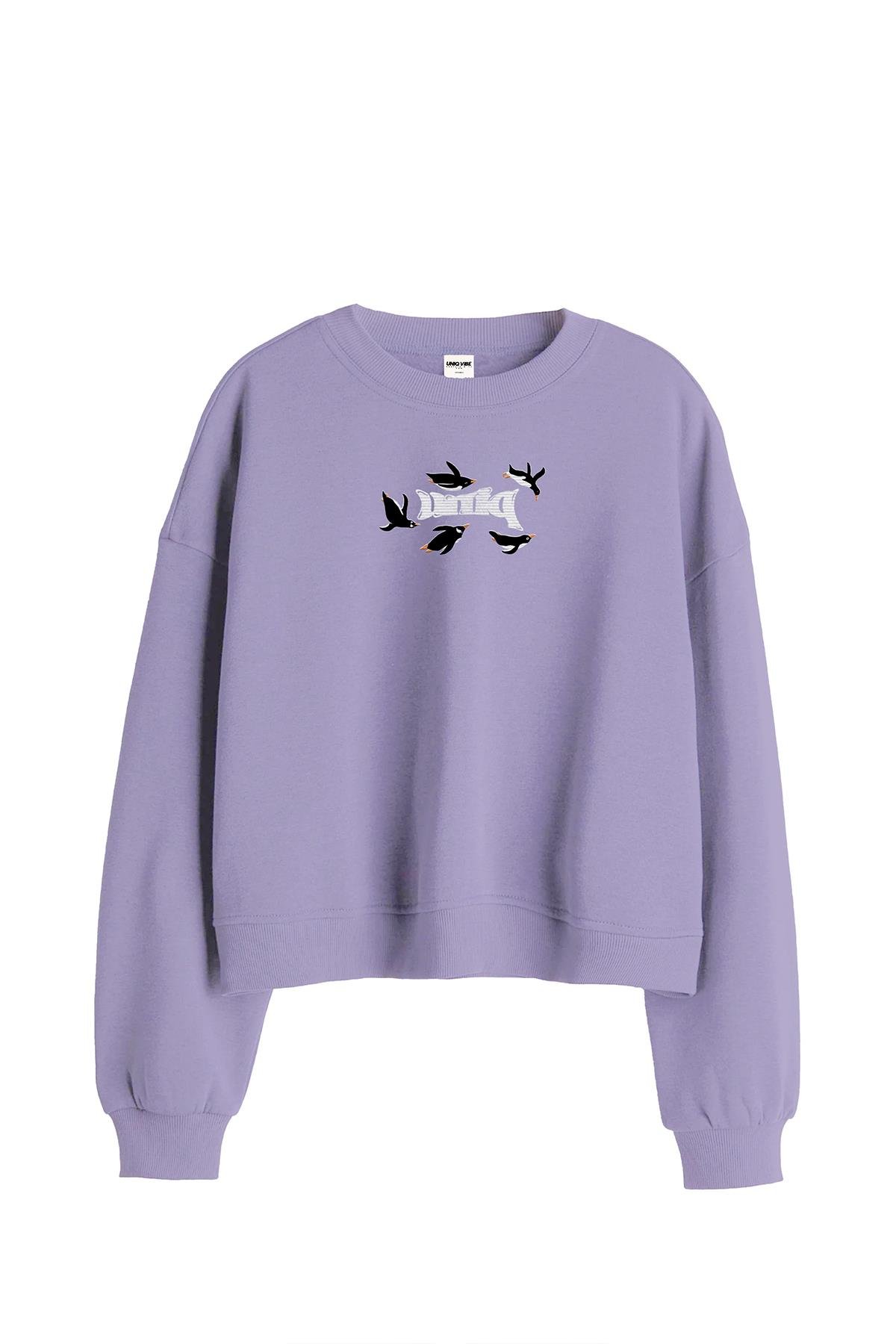 Uniqvibe Penguen Nakışlı Organik Pamuklu Crop Sweatshirt