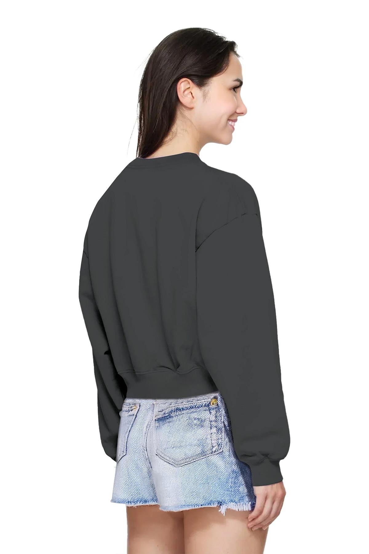 Uniqvibe Tilki Nakışlı Organik Pamuklu Crop Sweatshirt