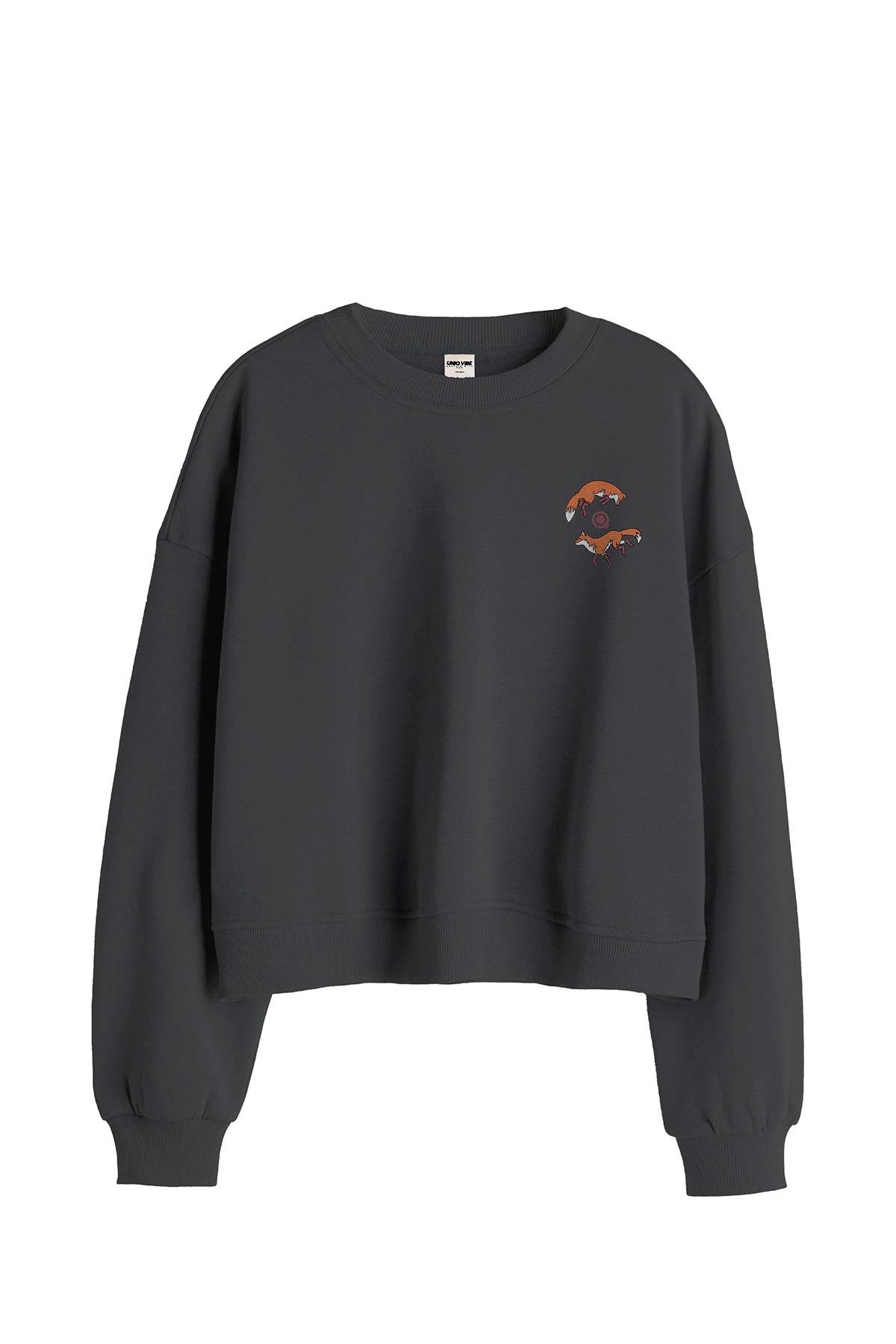 Uniqvibe Tilki Nakışlı Organik Pamuklu Crop Sweatshirt