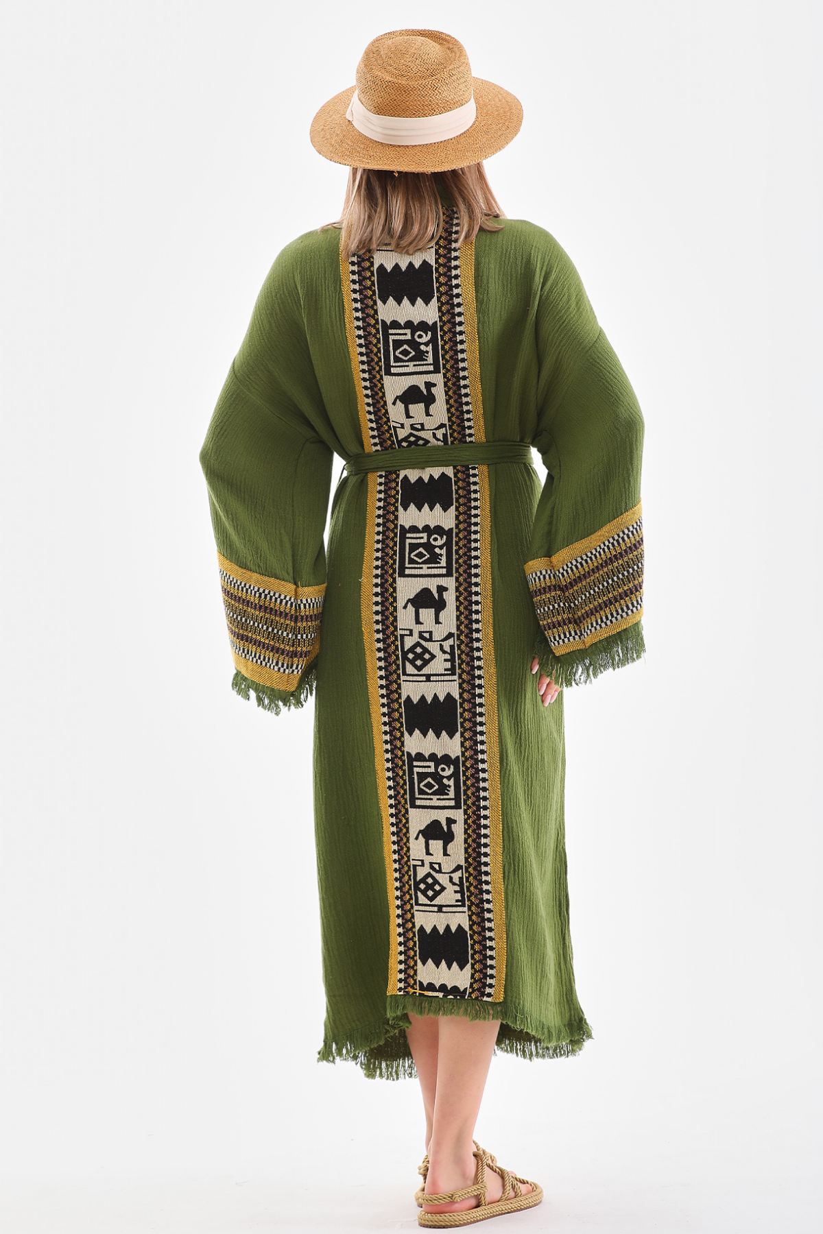 Uzun Desenli İşlemeli Kimono Haki