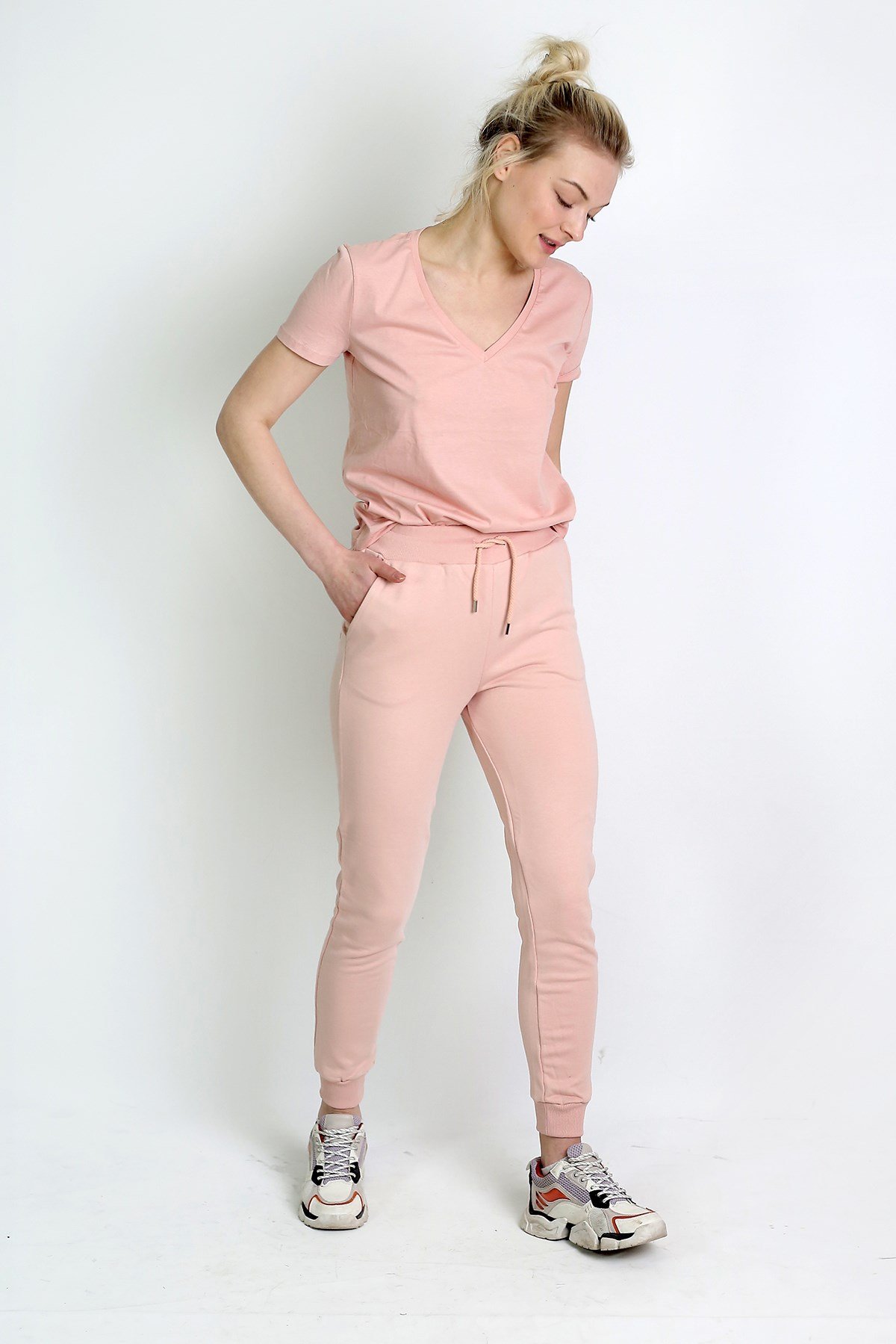 V Yaka Oversize T-shirt Pembe