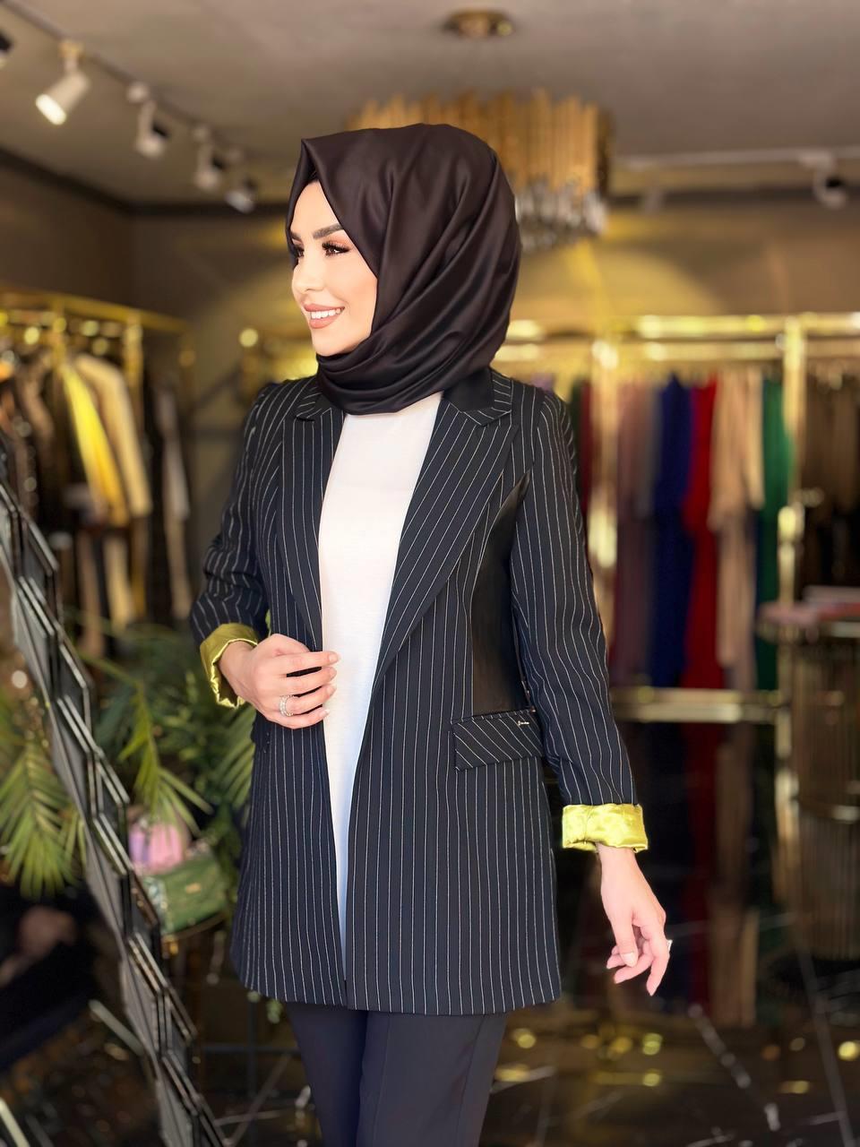 Deri Gernili Çizgili Ceket