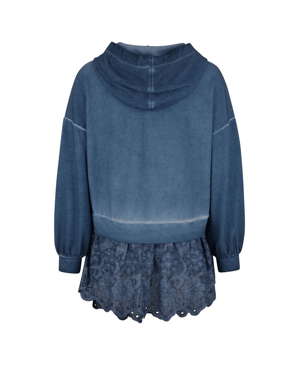 Dantelli Kapşonlu Sweatshirt - Mavi