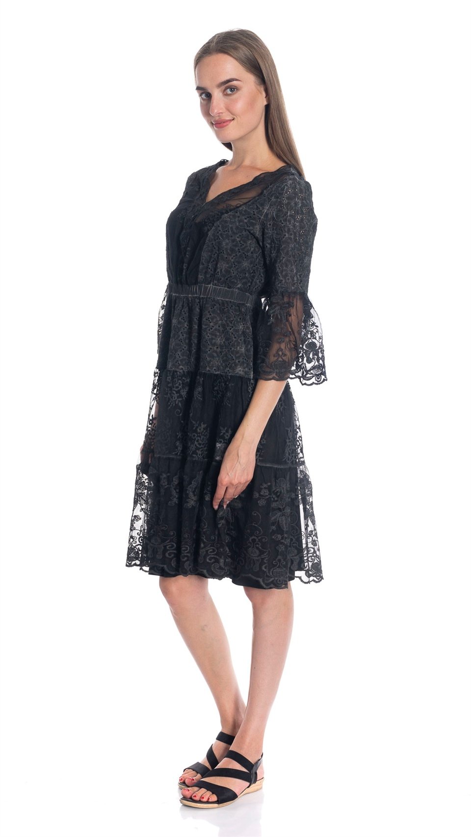 Dantelli Nakışlı 2 Parça Elbise - Siyah