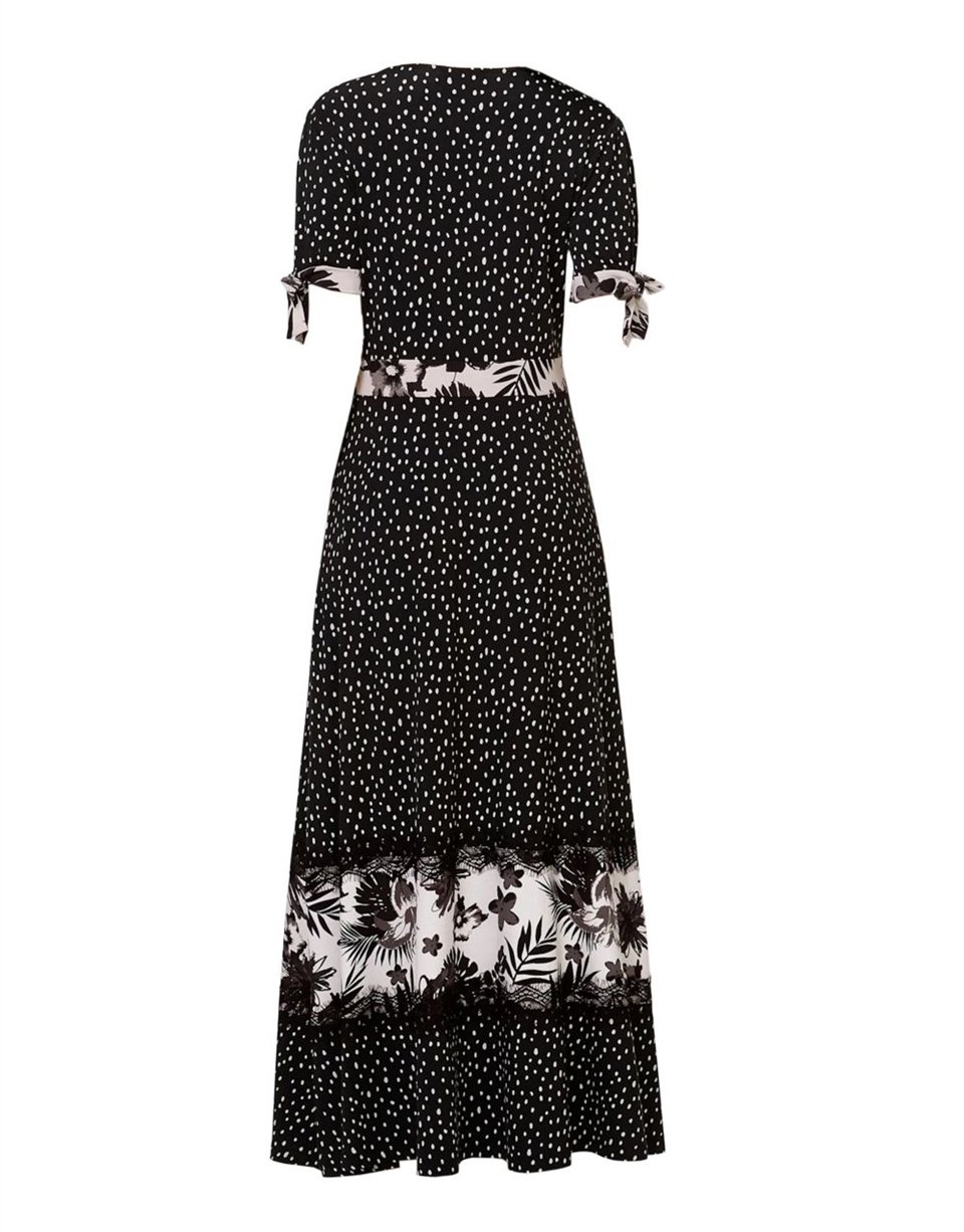 Maxi Dantelli Çiçek Baskılı Elbise - Siyah