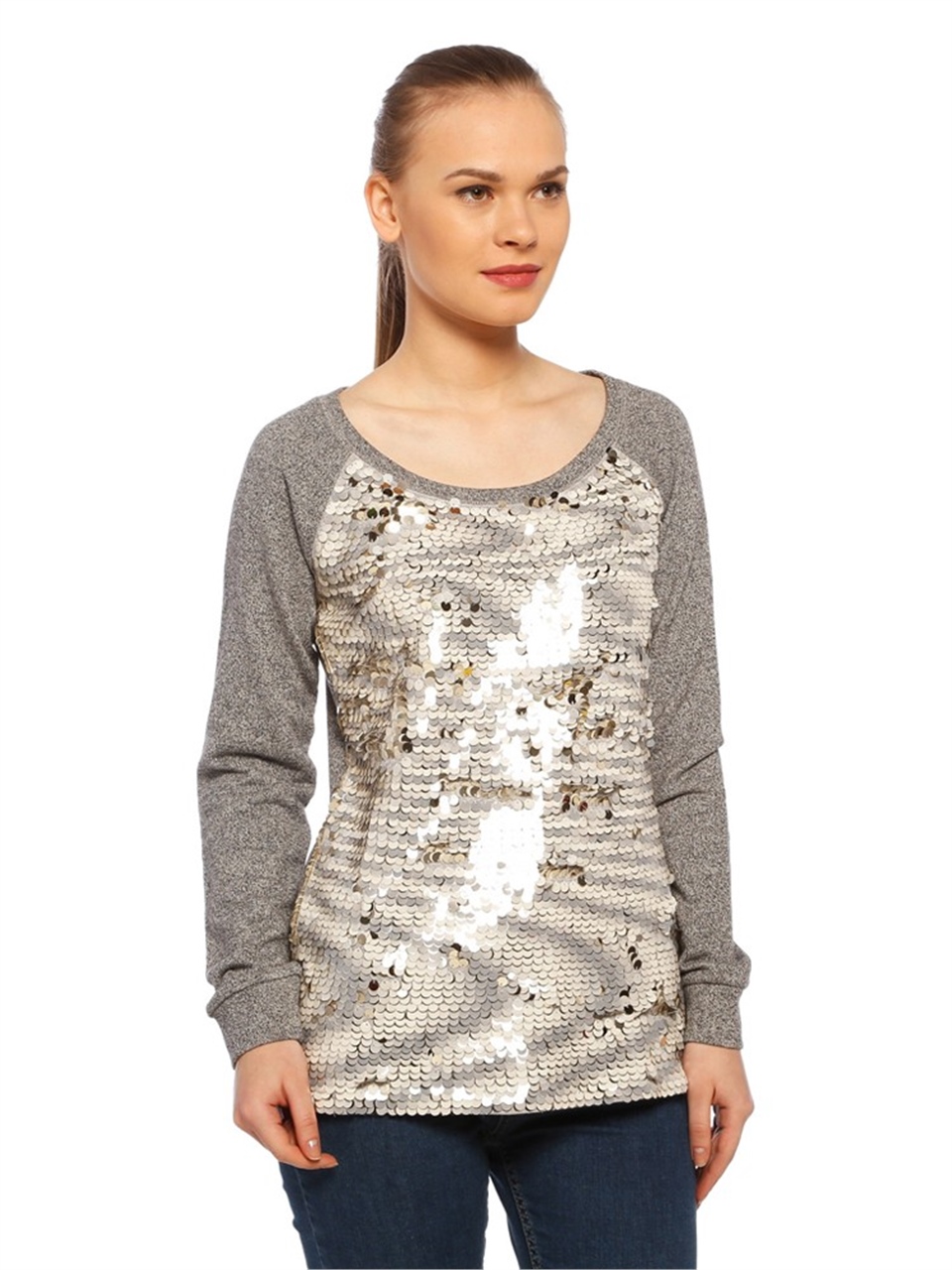 Payetli Sweatshirt - Gri