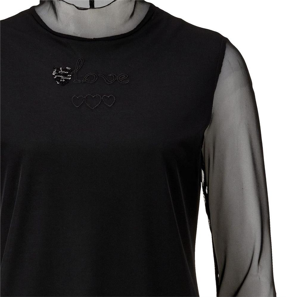 Tül İşlemli Bluz - Siyah