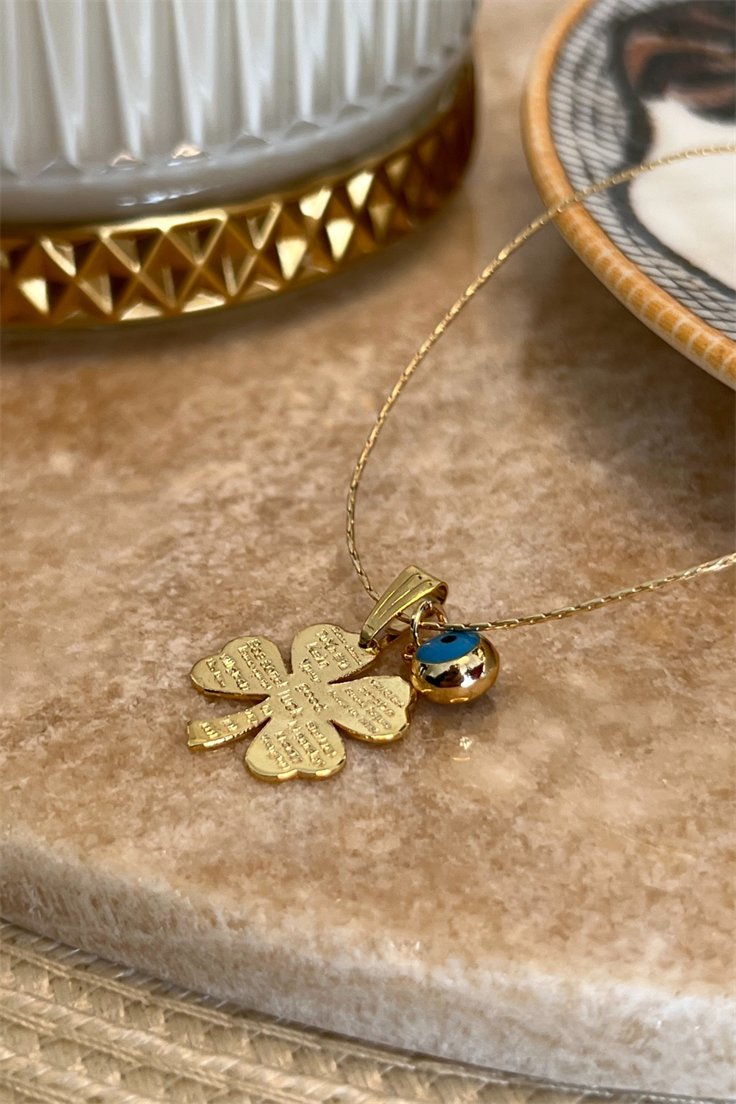 12 Dilde Seni Seviyorum Yazılı Yonca Model Zincir Kolye Gold