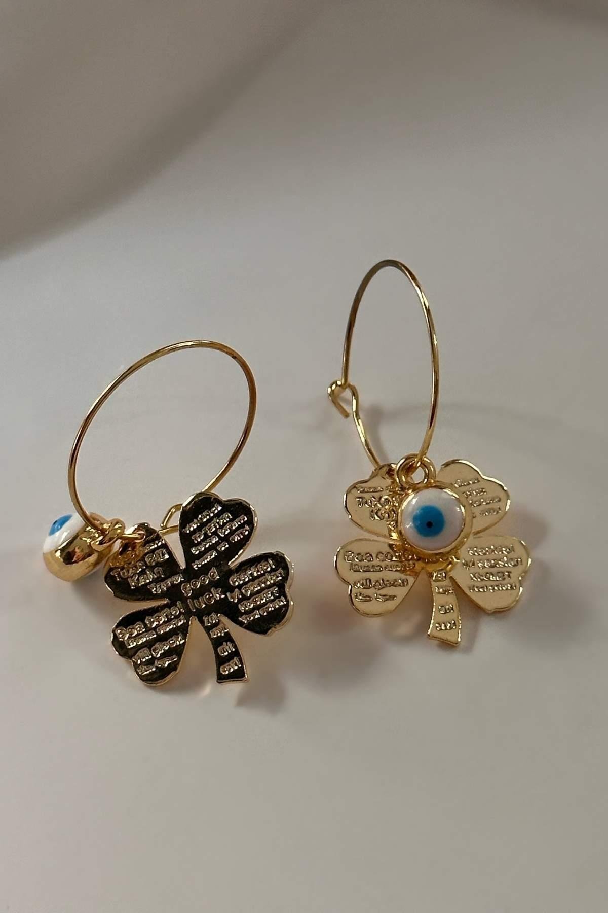 12 Dilde Seni Seviyorum Yazılı Yonca ve Nazar Detaylı Küpe