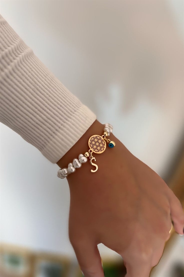A Harfli ve Nazar Sallantılı İnci Detaylı Yaşam Çiçeği Bileklik Gold