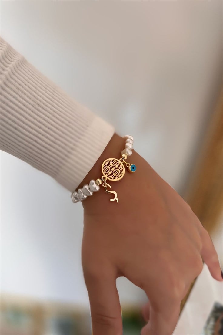 A Harfli ve Nazar Sallantılı İnci Detaylı Yaşam Çiçeği Bileklik Gold
